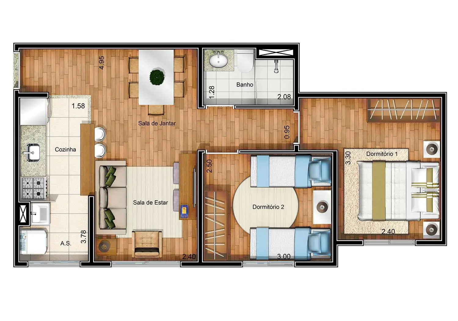PERSPECTIVA ILUSTRADA DA PLANTA APTO. 2 DORMS. 47m²