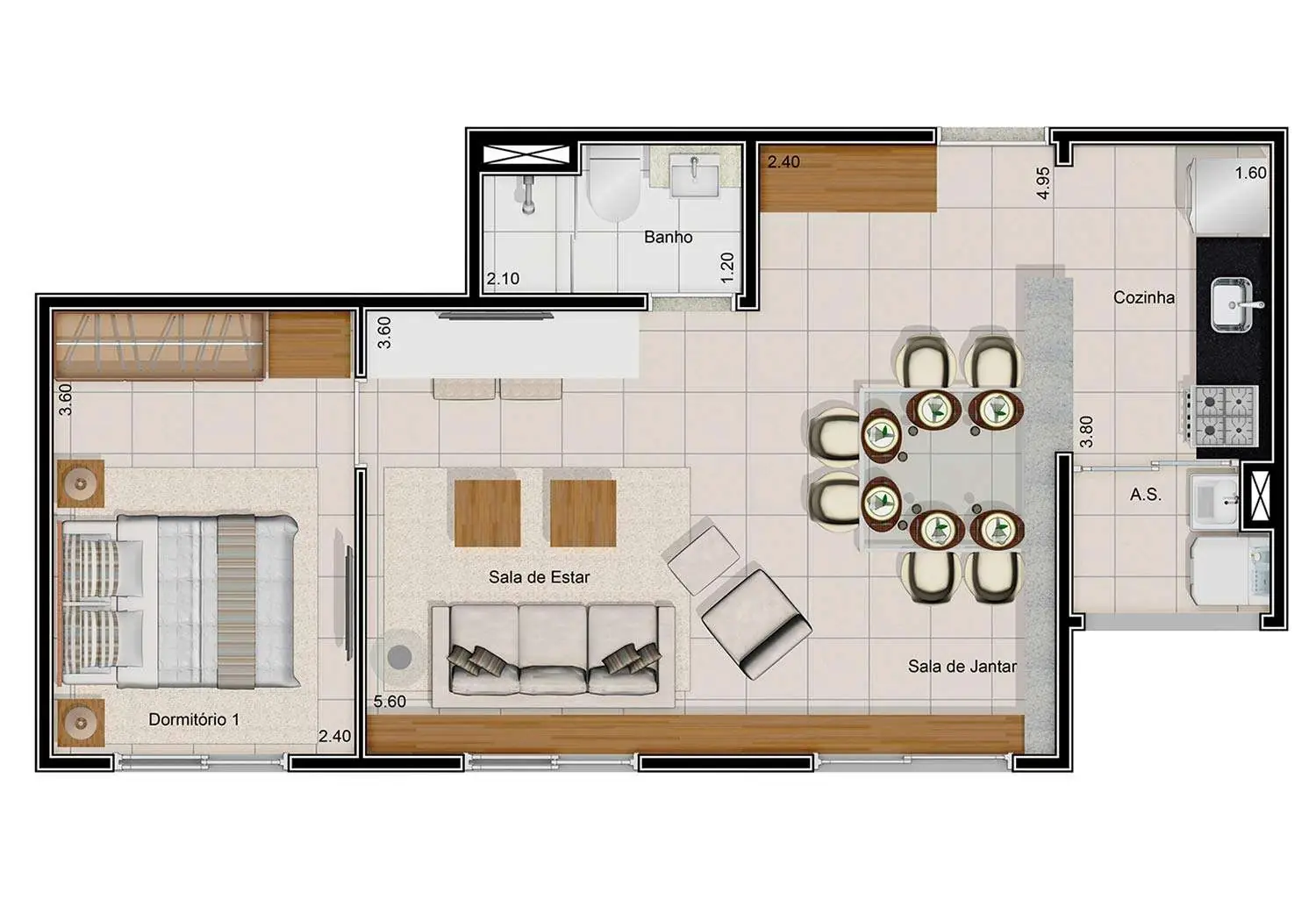 Perspectiva Ilustrada da Planta Apartamento 1 Dormitório - 46m²