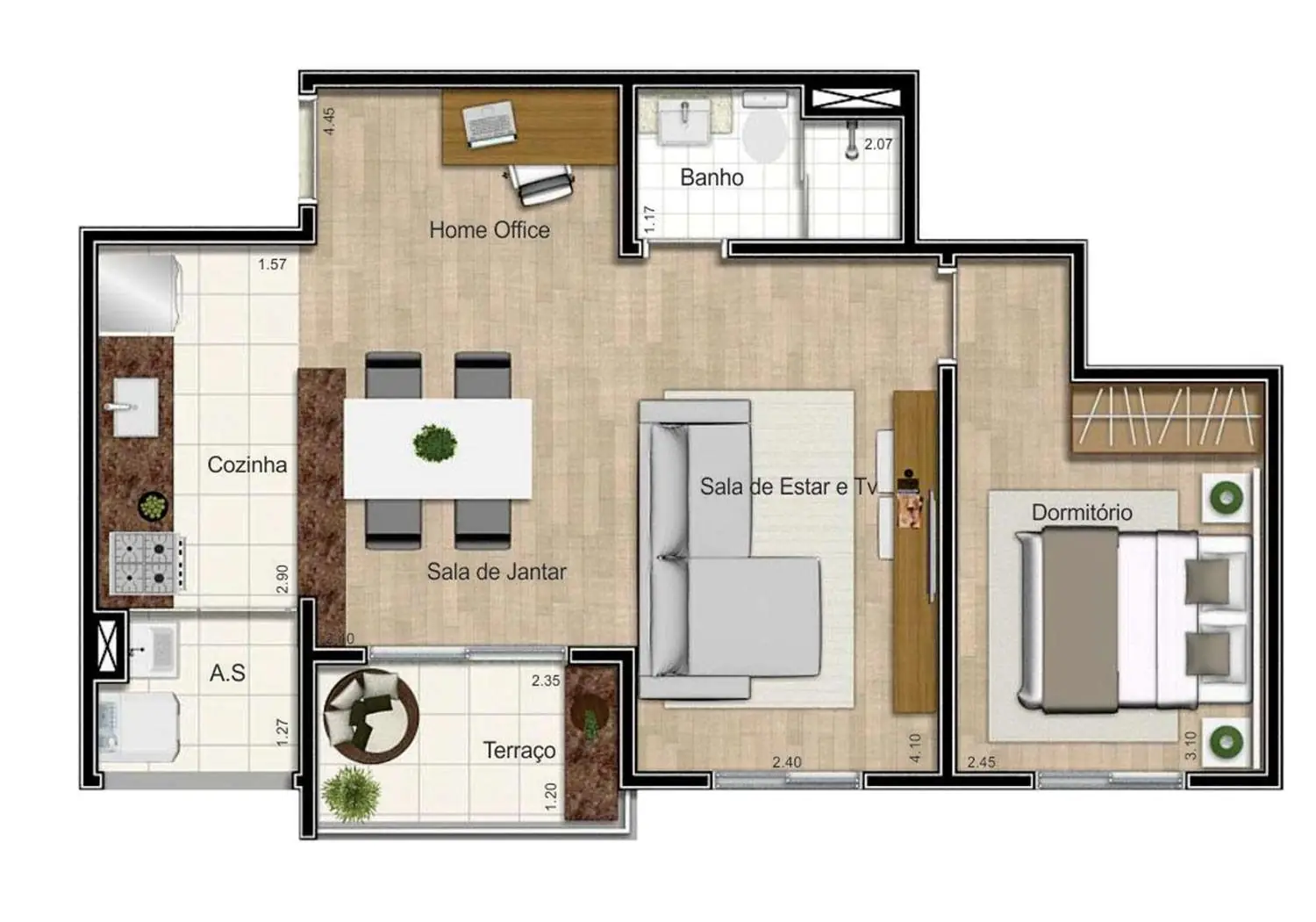 Perspectiva Ilustrada da Planta de 1 Dormitório - 48m²