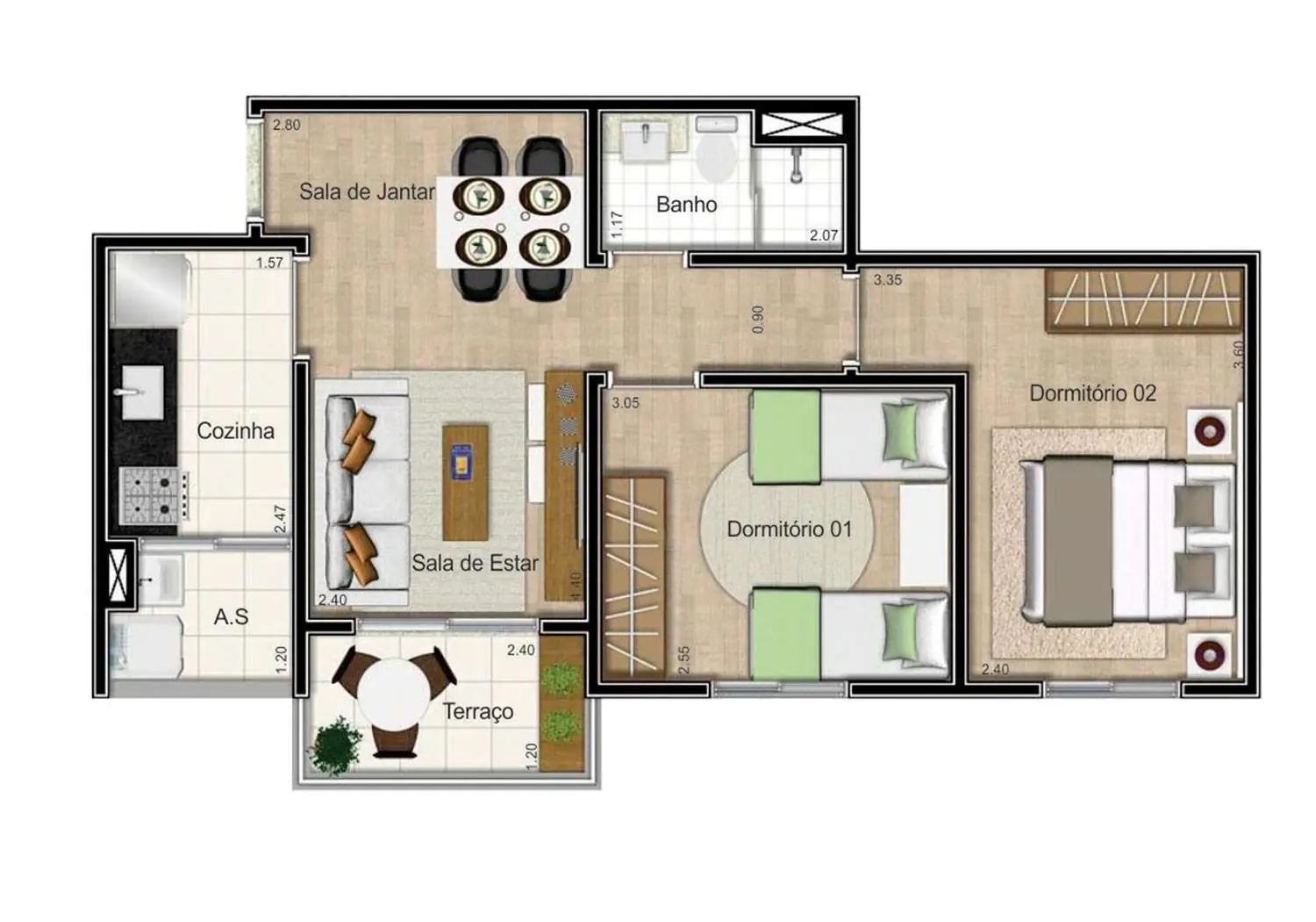 Perspectiva Ilustrada da Planta de 2 Dormitórios - 48m²