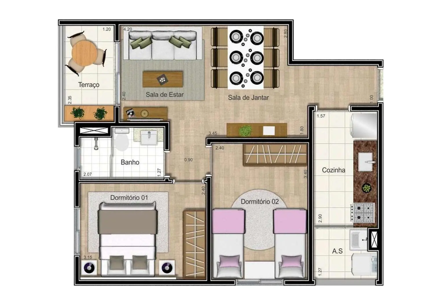 Perspectiva Ilustrada da Planta de 2 Dormitórios - 49m²