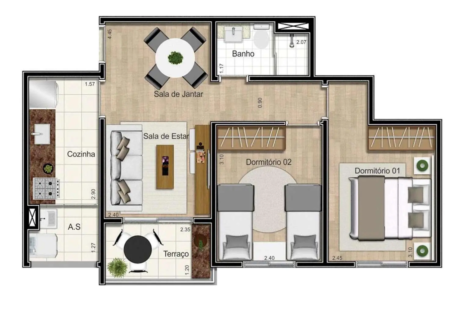 Perspectiva Ilustrada da Planta de 2 Dormitórios - 47m²