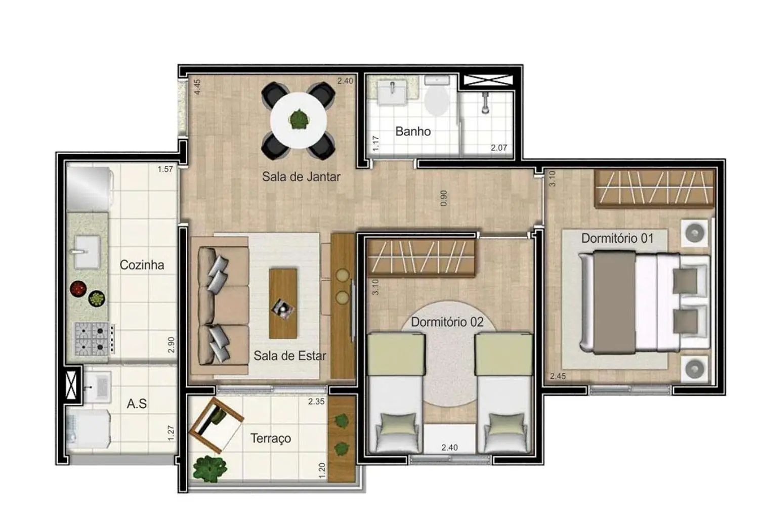 Perspectiva Ilustrada da Planta de 2 Dormitórios - 46m²