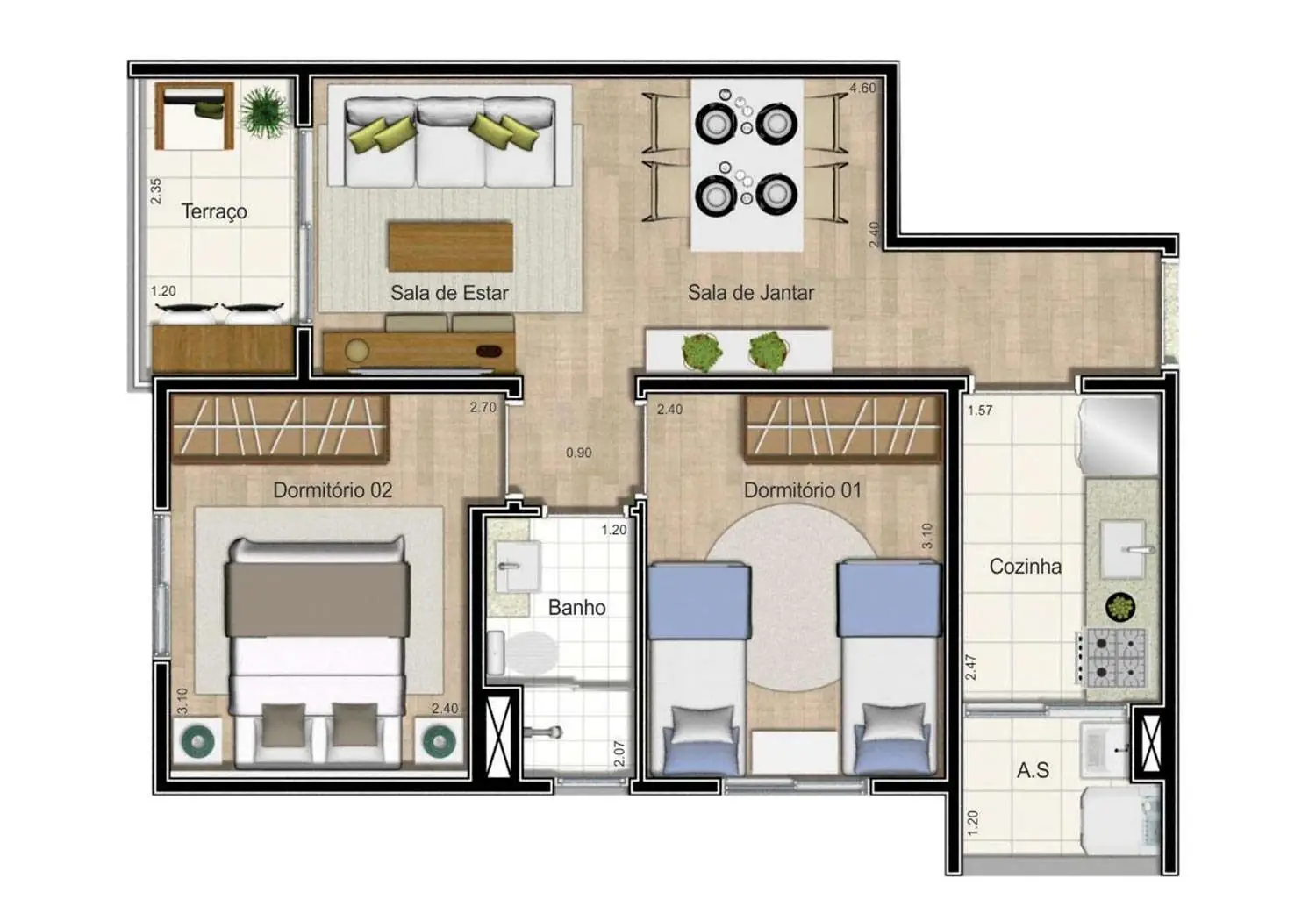 Perspectiva Ilustrada da Planta de 2 Dorms - 47m²