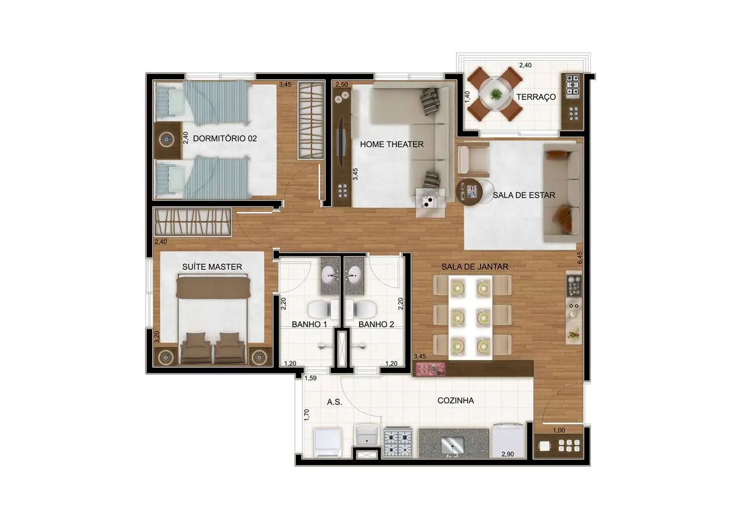 PERSPECTIVA ILUSTRADA DA PLANTA APTO. 2 DORMS. - 65m² (SUÍTE)