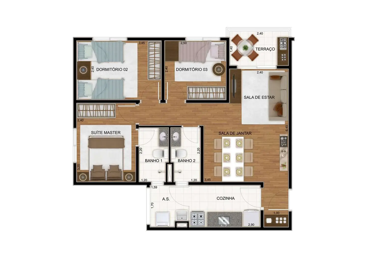 PERSPECTIVA ILUSTRADA DA PLANTA APTO. 3 DORMS. - 65m² (SUÍTE)