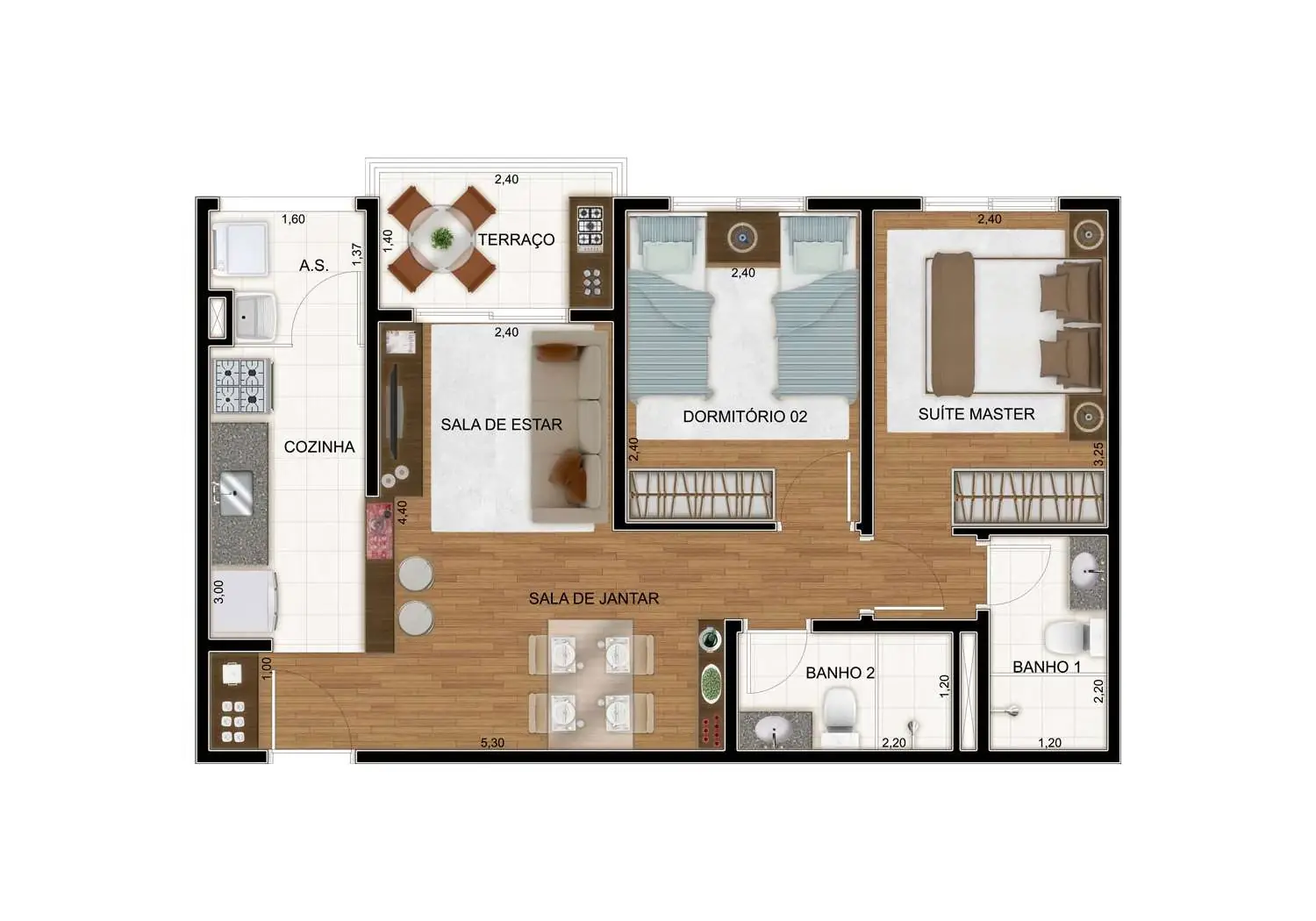 PERSPECTIVA ILUSTRADA DA PLANTA APTO. 2 DORMS. - 55m² (SUÍTE)