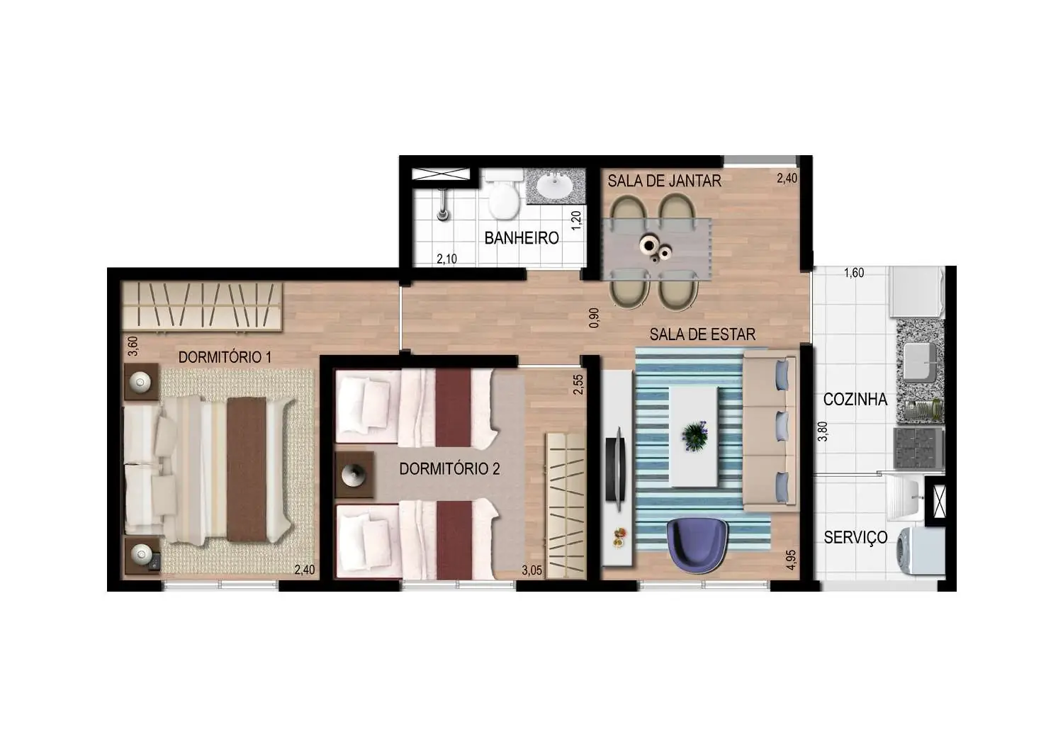 Perspectiva Illustrada da Planta de 2 Dormitórios - 46m²