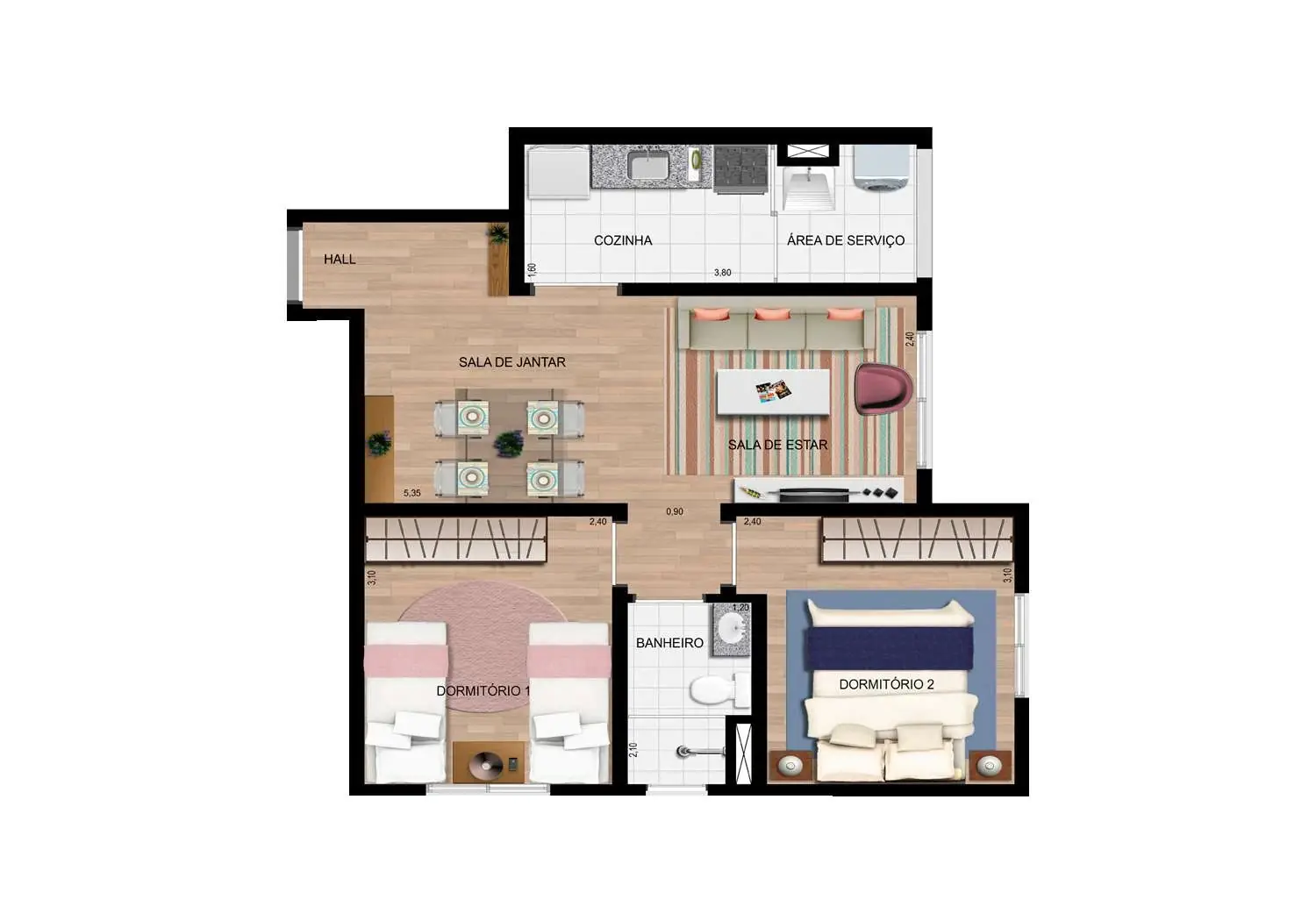 Perspectiva Illustrada da Planta de 2 Dormitórios - 45m²