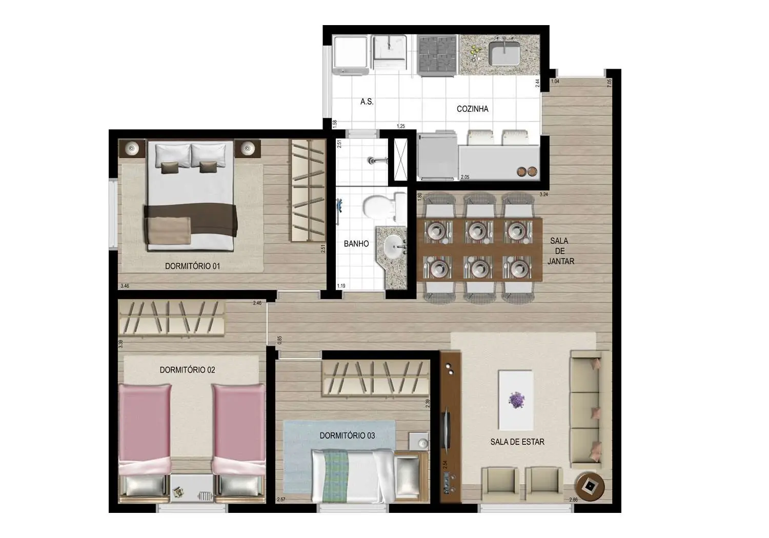 Perspectiva Ilustrada da Planta 3 Dormitórios - 61m²