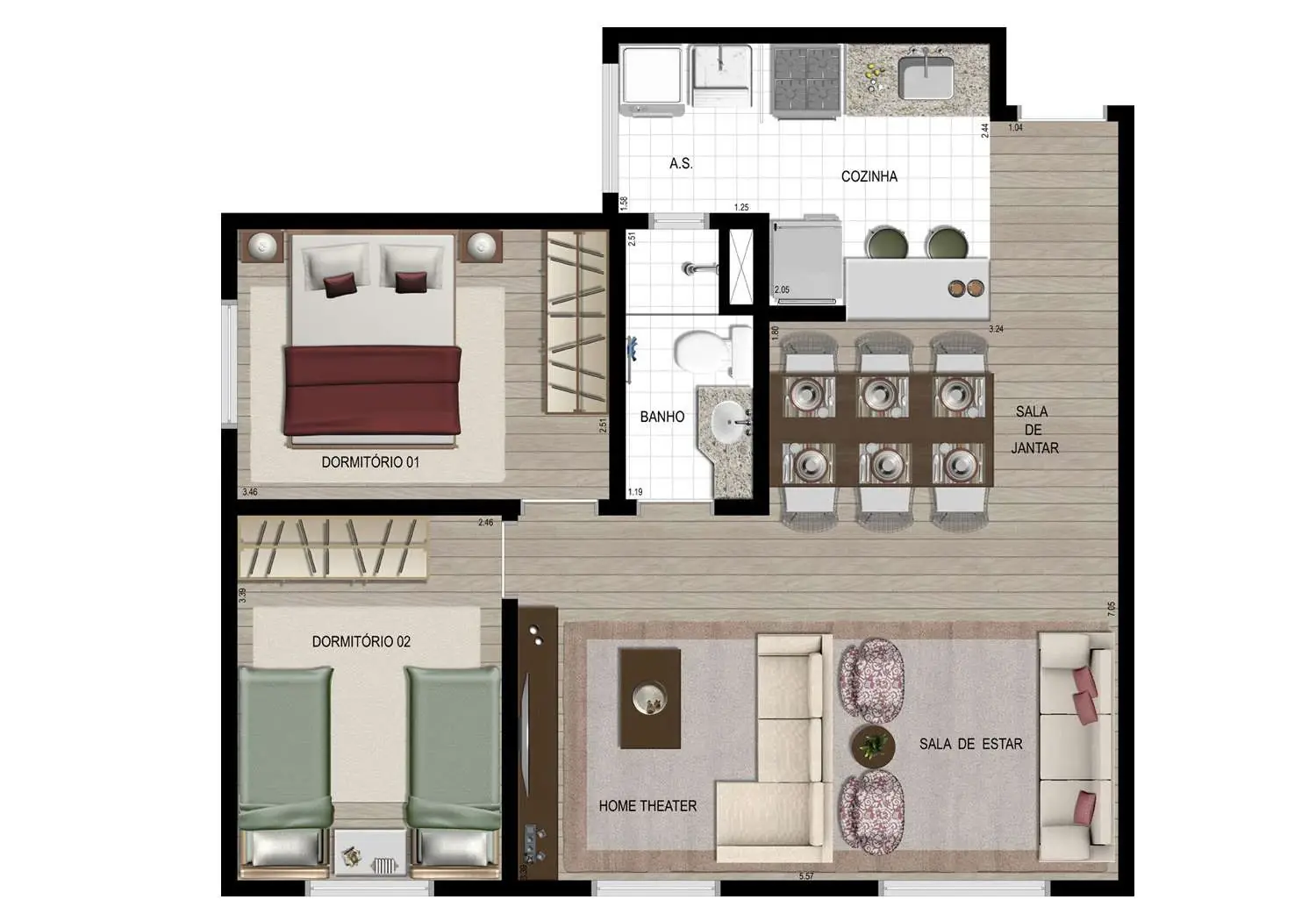 Perspectiva Ilustrada da Planta 2 Dormitórios - 61m²