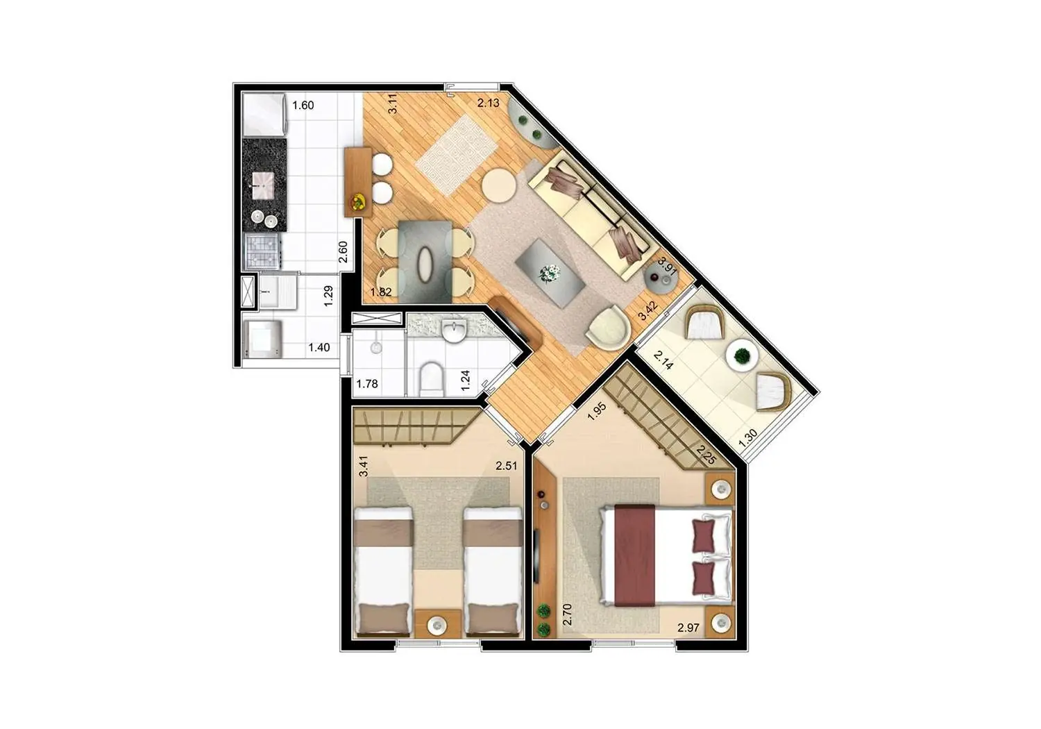 PERSPECTIVA ILUSTRADA DA PLANTA APTO. 2 DORMS. - 52m²