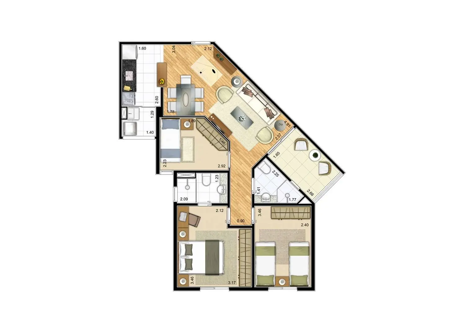 PERSPECTIVA ILUSTRADA DA PLANTA APTO. 2 DORMS. (SUÍTE) - 57m²