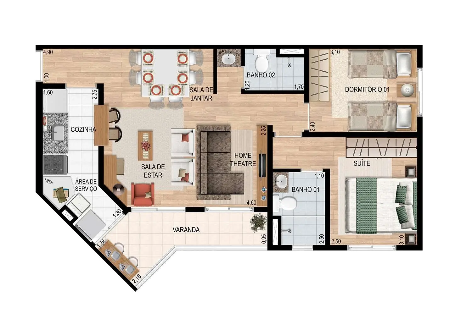 PERSPECTIVA ILUSTRADA DA PLANTA 3 DORMS. - 65M² - LIVING AMPLIADO