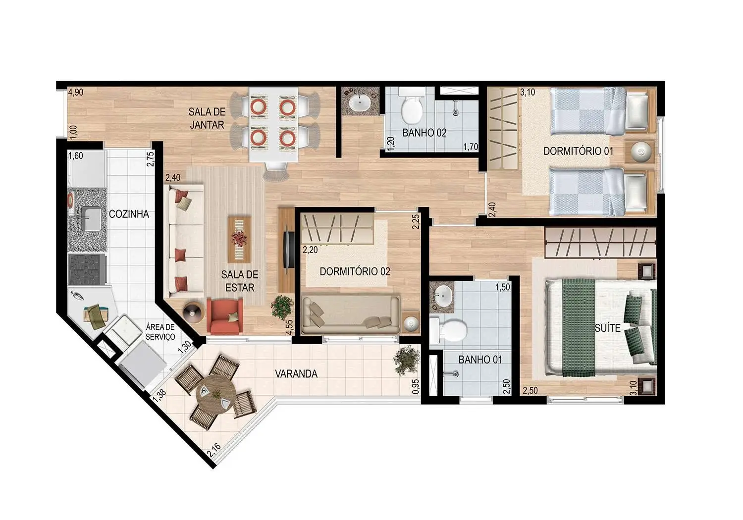 PERSPECTIVA ILUSTRADA DA PLANTA 3 DORMS. - 65M² - TERRAÇO GOURMET