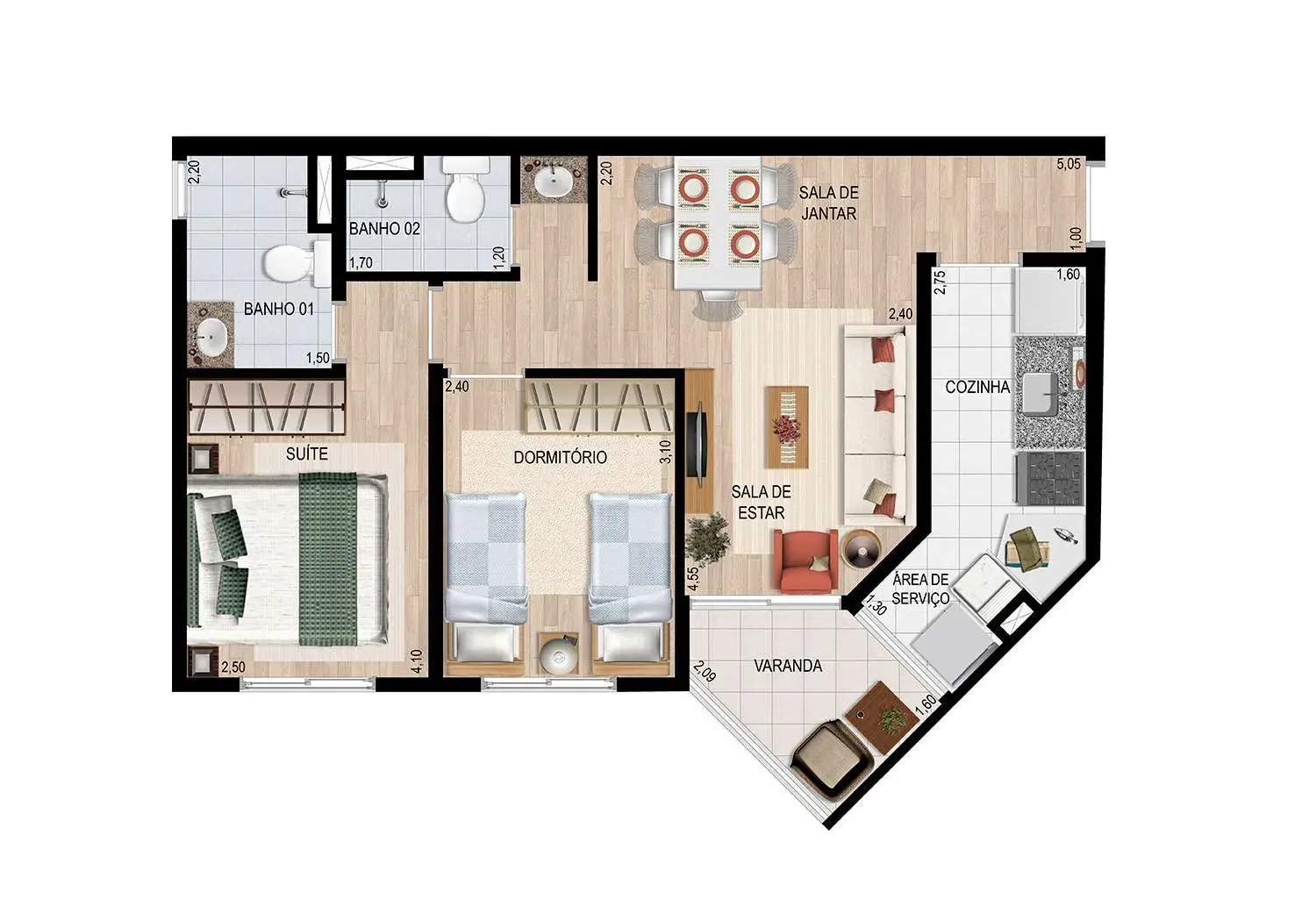 PERSPECTIVA ILUSTRADA DA PLANTA 2 DORMS. - 55M²  - TERRAÇO GOURMET