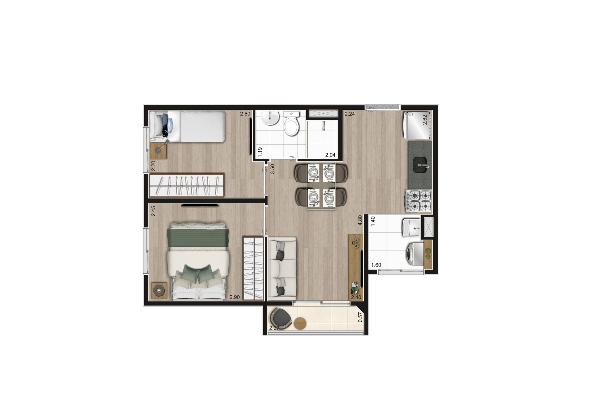 Planta Tipo A Ponta 37,84 m²