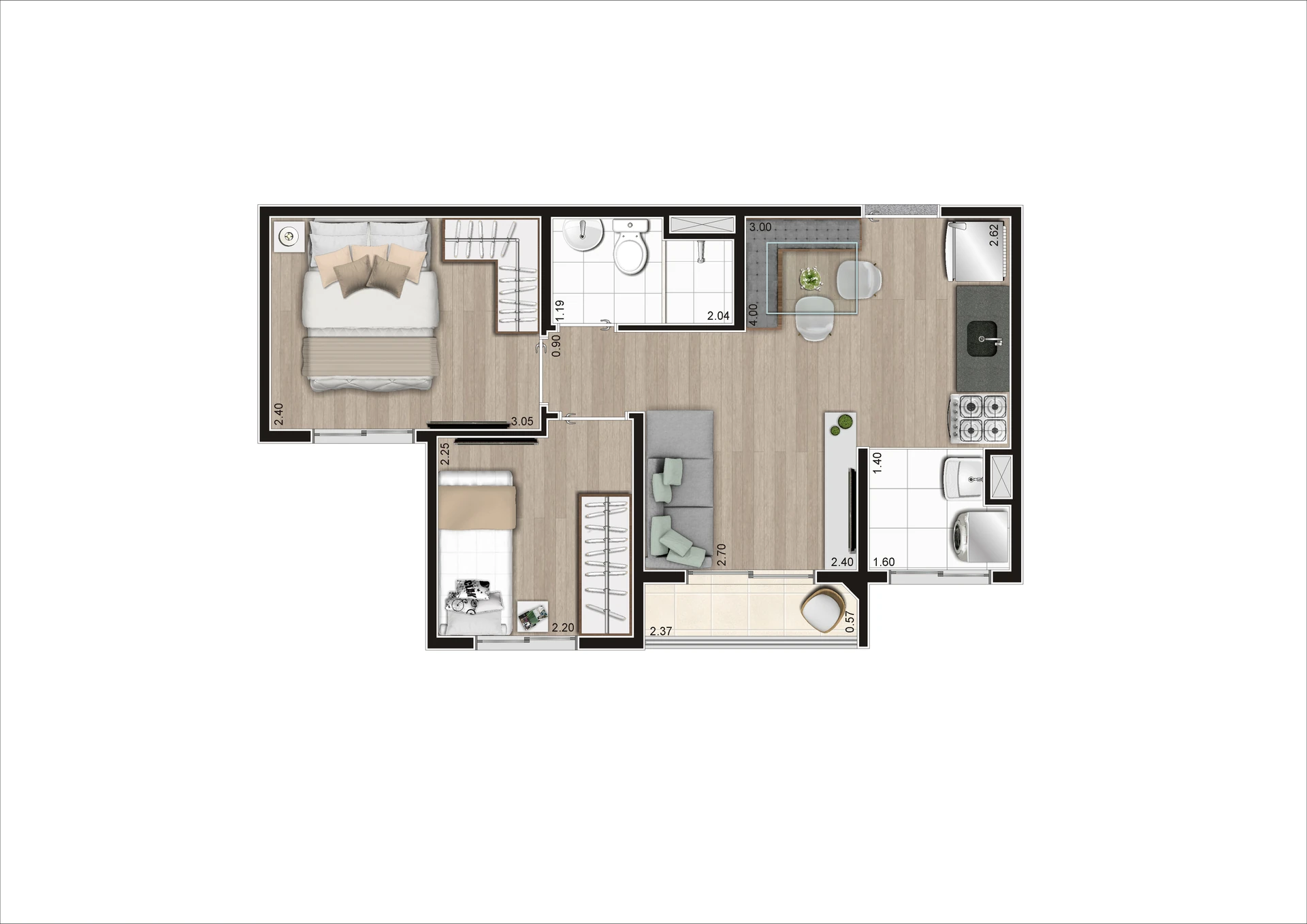 Planta Tipo B Meio 37,32 m²