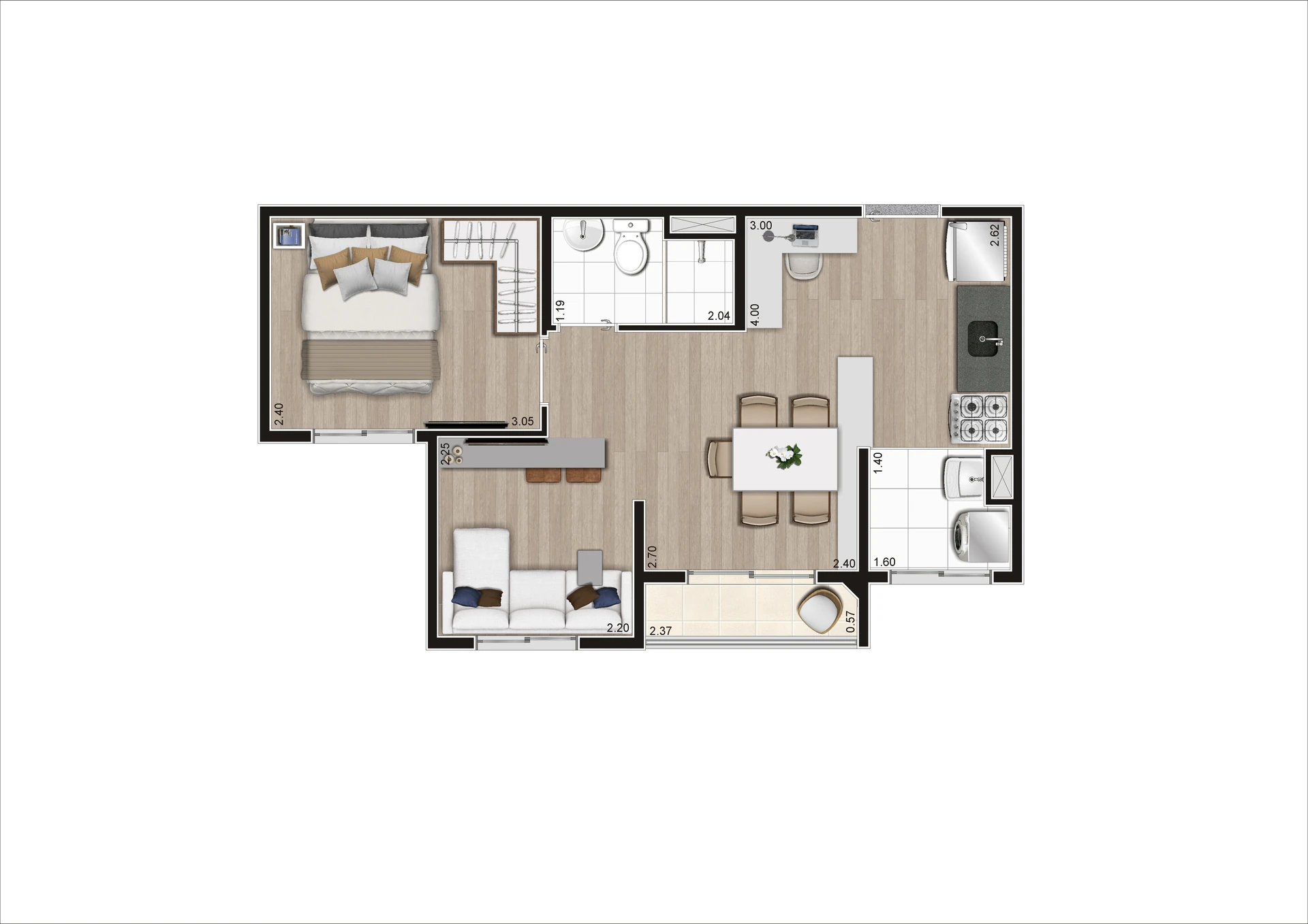 Planta Tipo B Meio Ampliada 37,32 m²