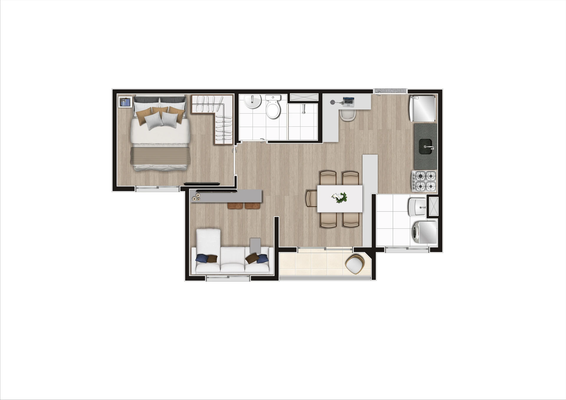 Planta Tipo B Meio Ampliada Decorado 37,32 m²