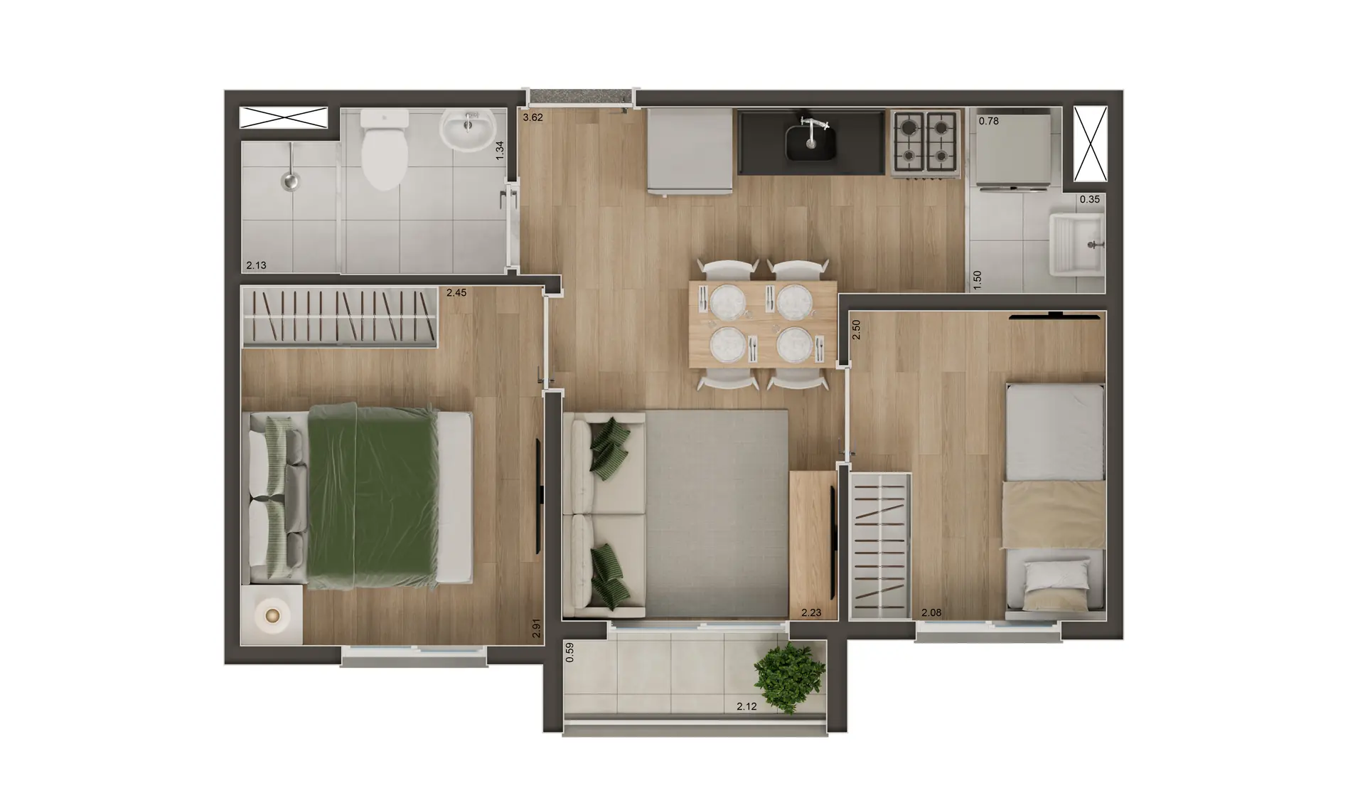 Tipo A - 33 e 34m² - 2 dorms com terraço - Final 4