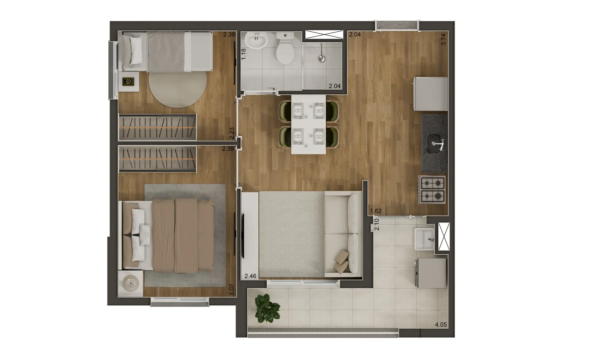 Tipo A - 42m² - 2 dorms com terraço