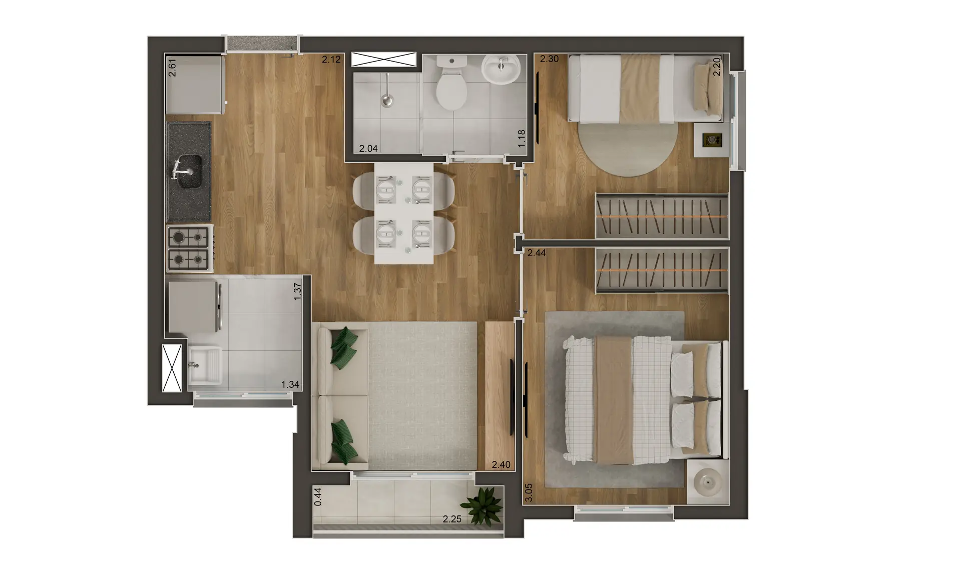 Tipo B - 37m² - 2 dorms com terraço