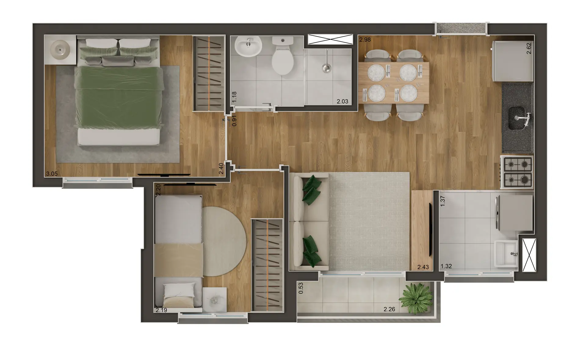 Tipo C - 37m² - 2 dorms com terraço