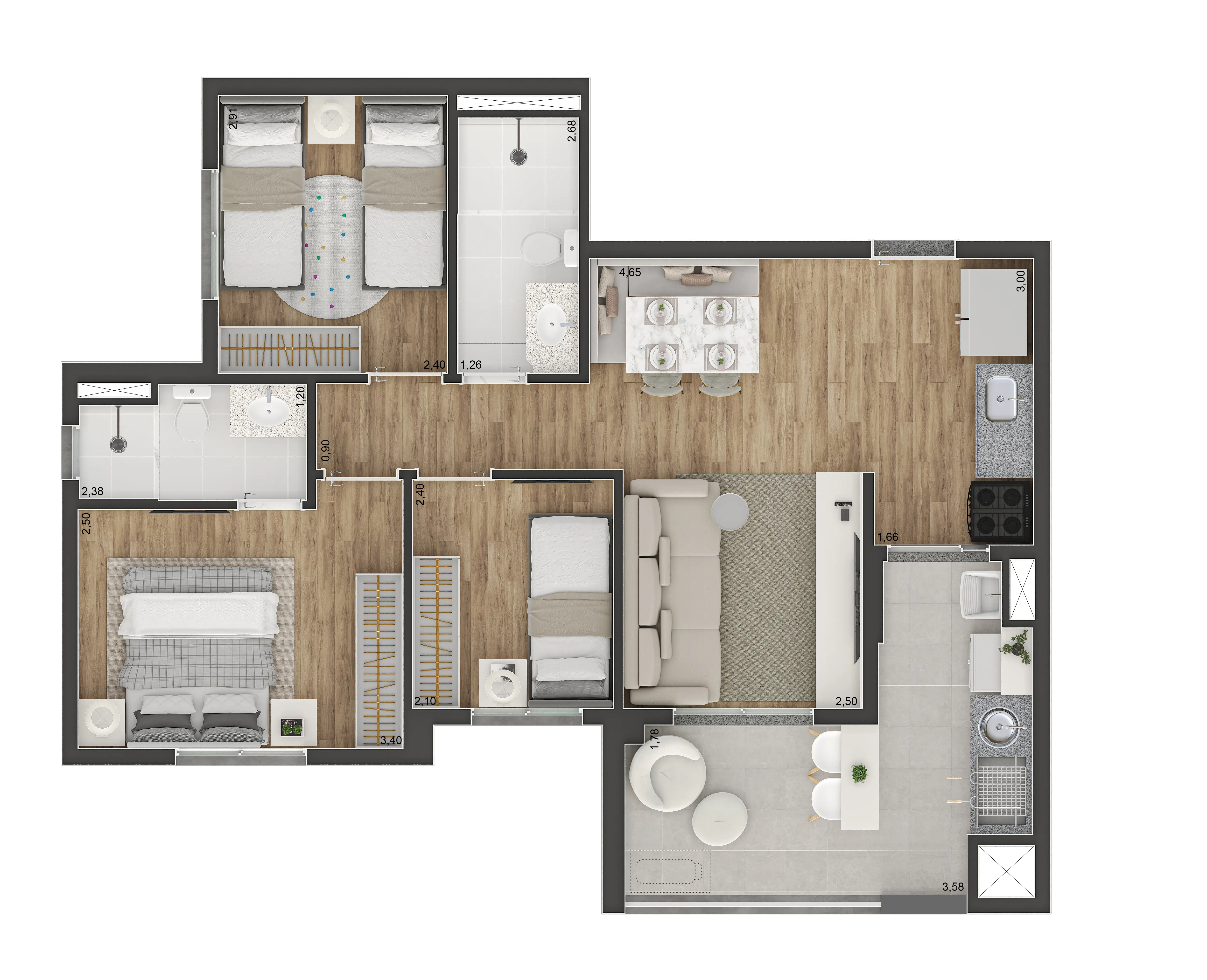 Tipo A - 66m² - 3 dorms (1 suíte) com terraço e churrasqueira