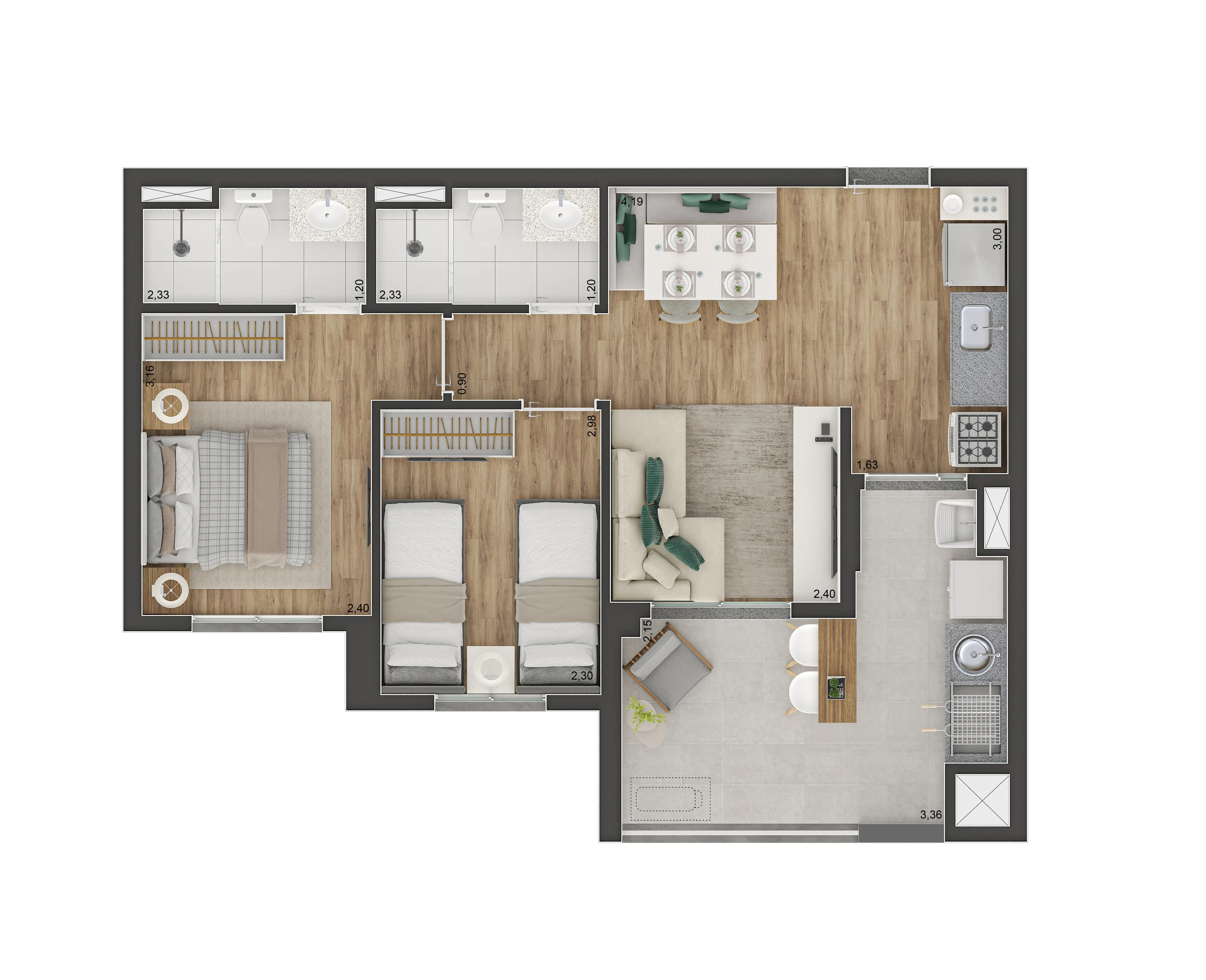 Tipo B - 56m² - 2 dorms (1 suíte) com terraço e churrasqueira