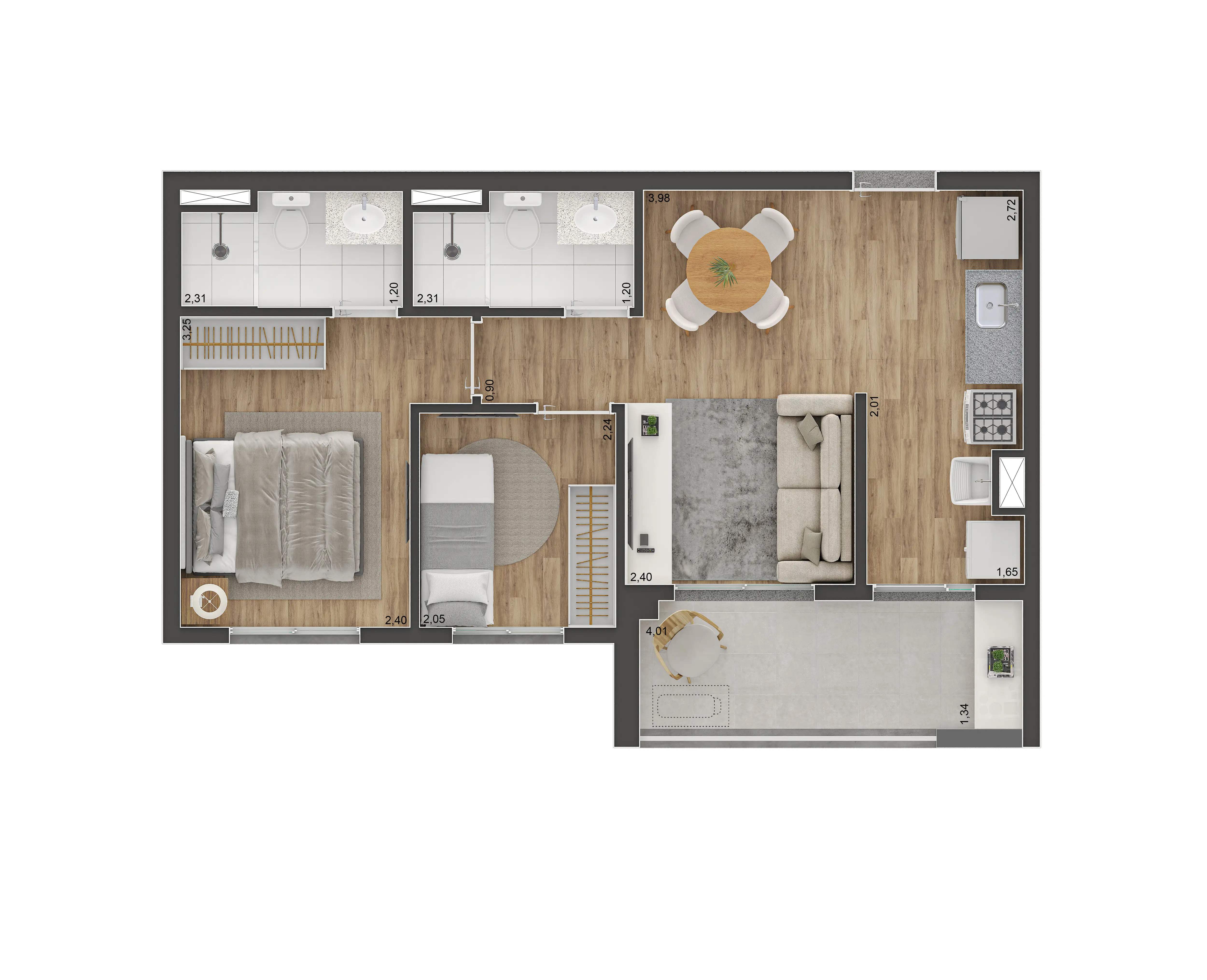 Tipo C - 49m² - 2 dorms (1 suíte) com terraço