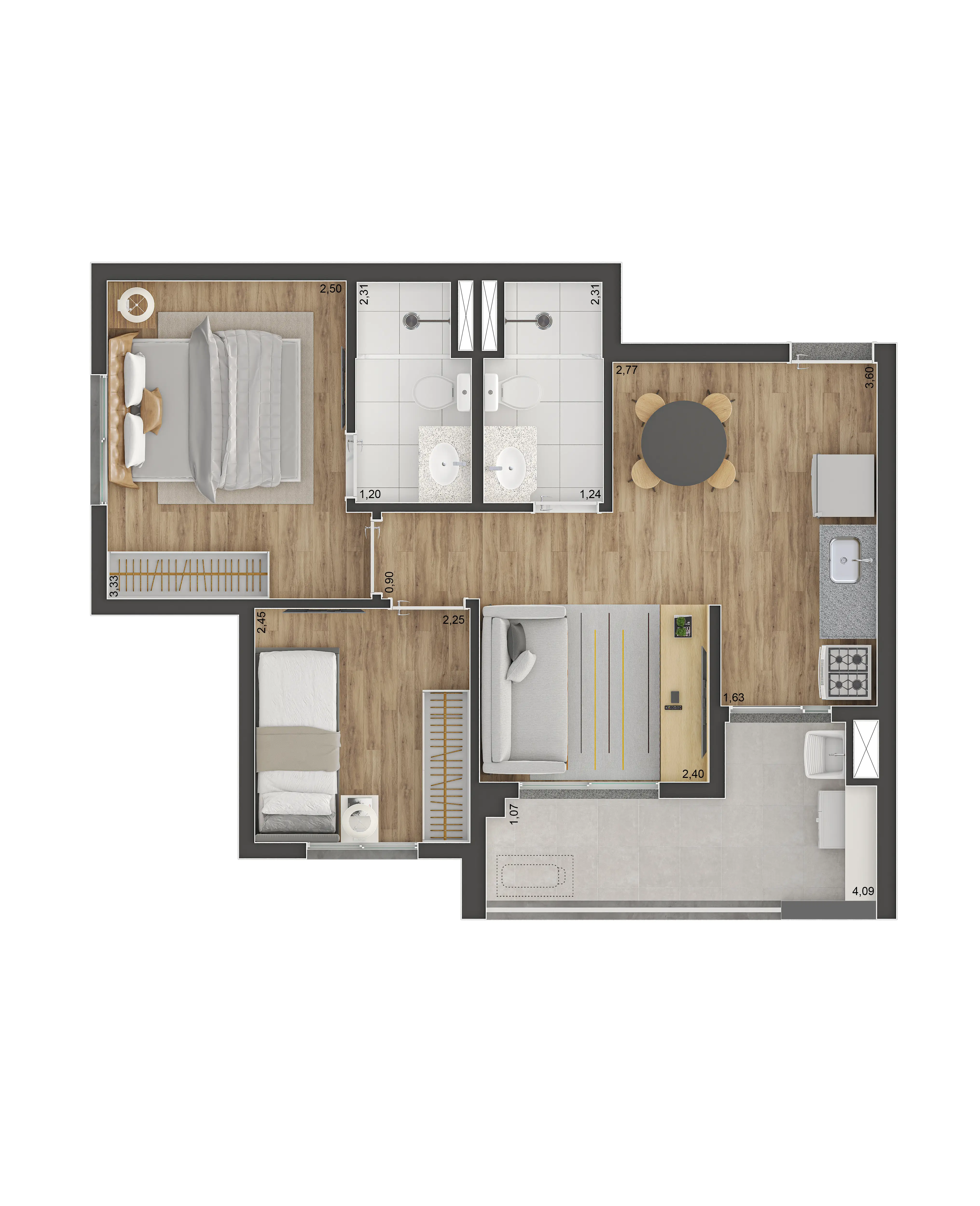 Tipo D - 47m² - 2 dorms (1 suíte) com terraço