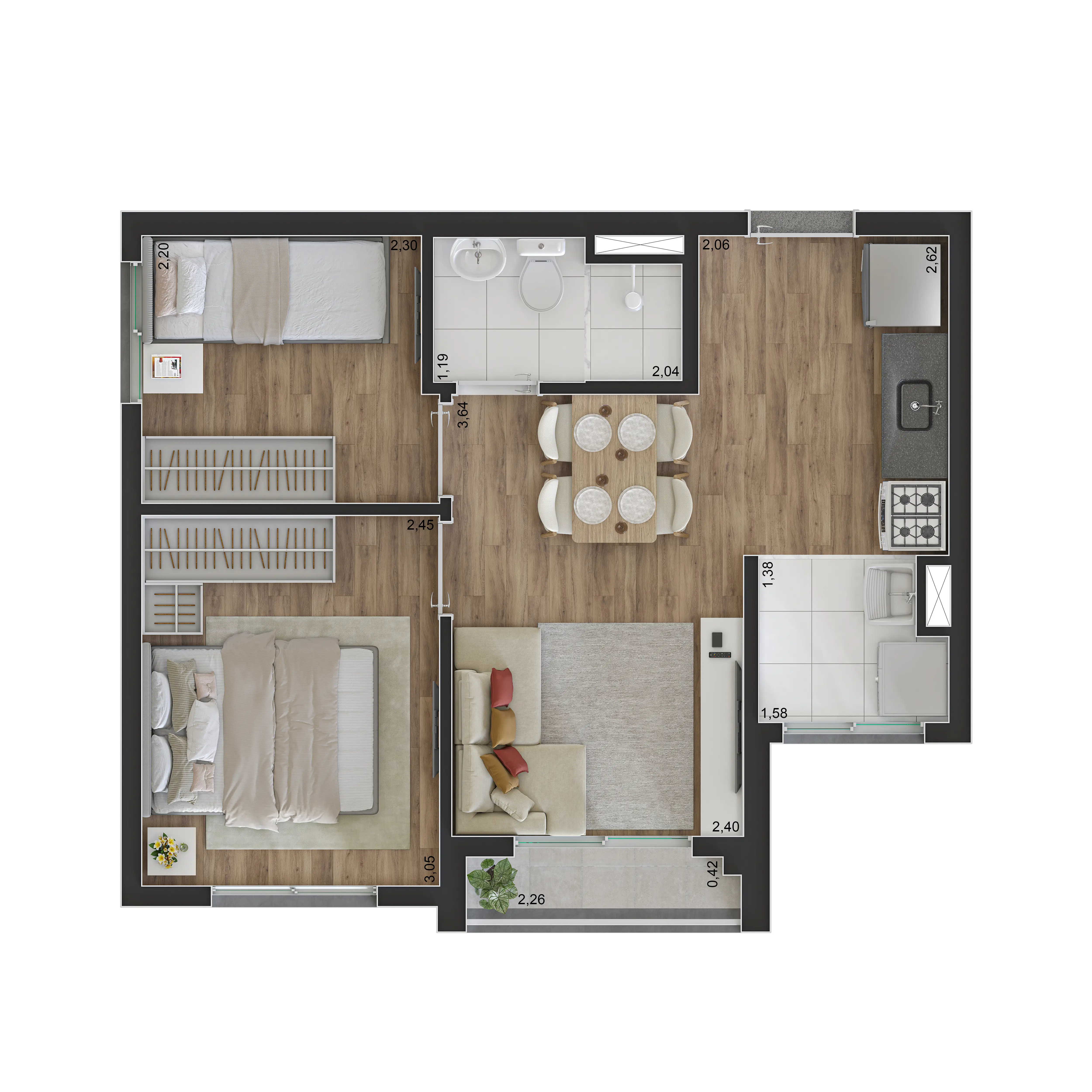 Tipo E - 37m² - 2 dorms com terraço (ponta)