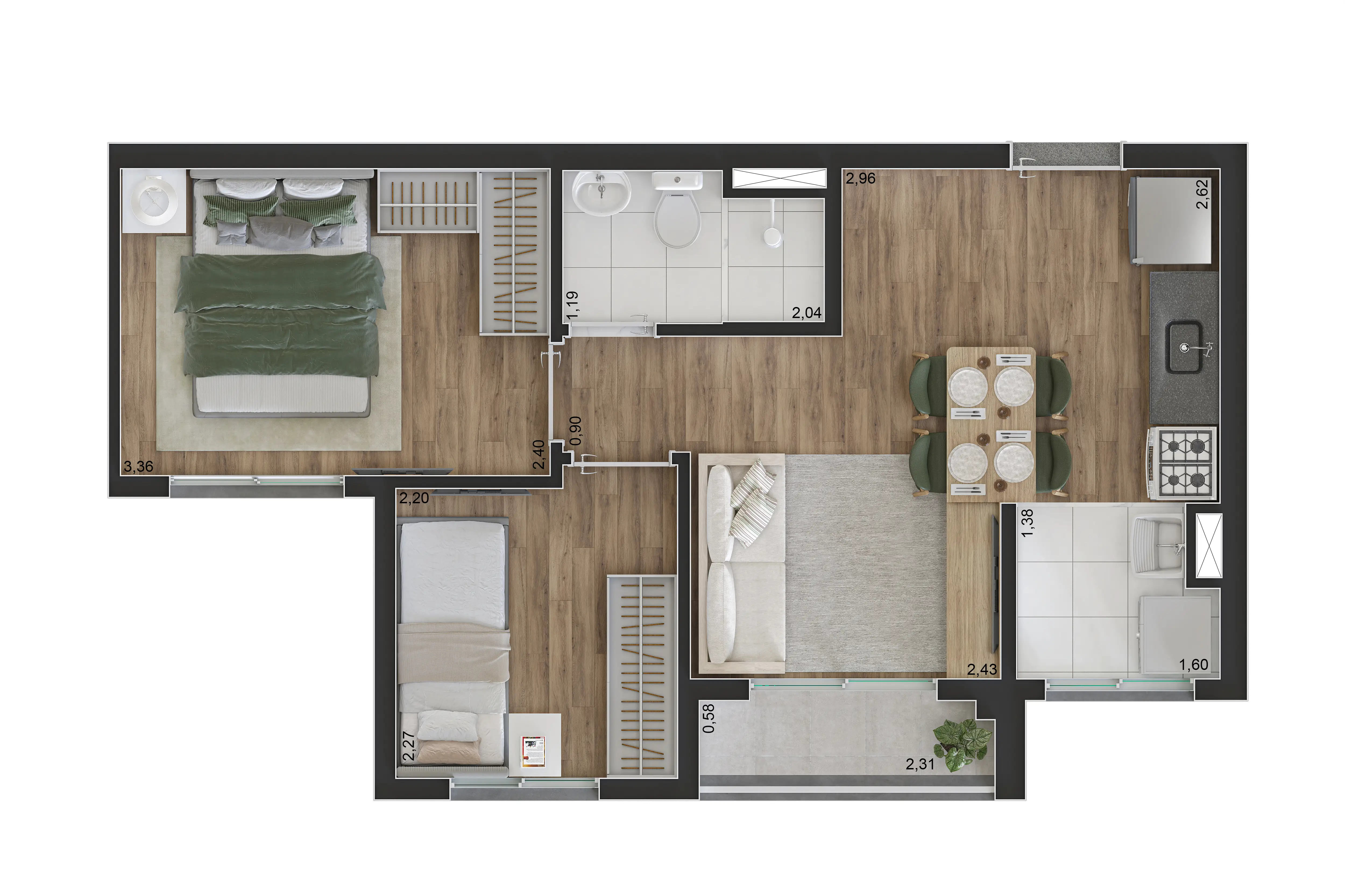 Tipo F - 38m² - 2 dorms com terraço (meio)