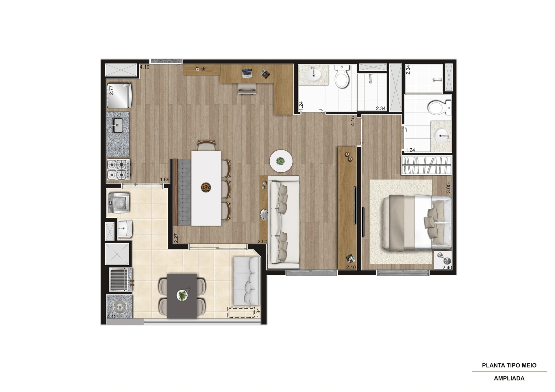 Planta Meio Ampliada   Final 07 e 10 Torre A 59,12 m²