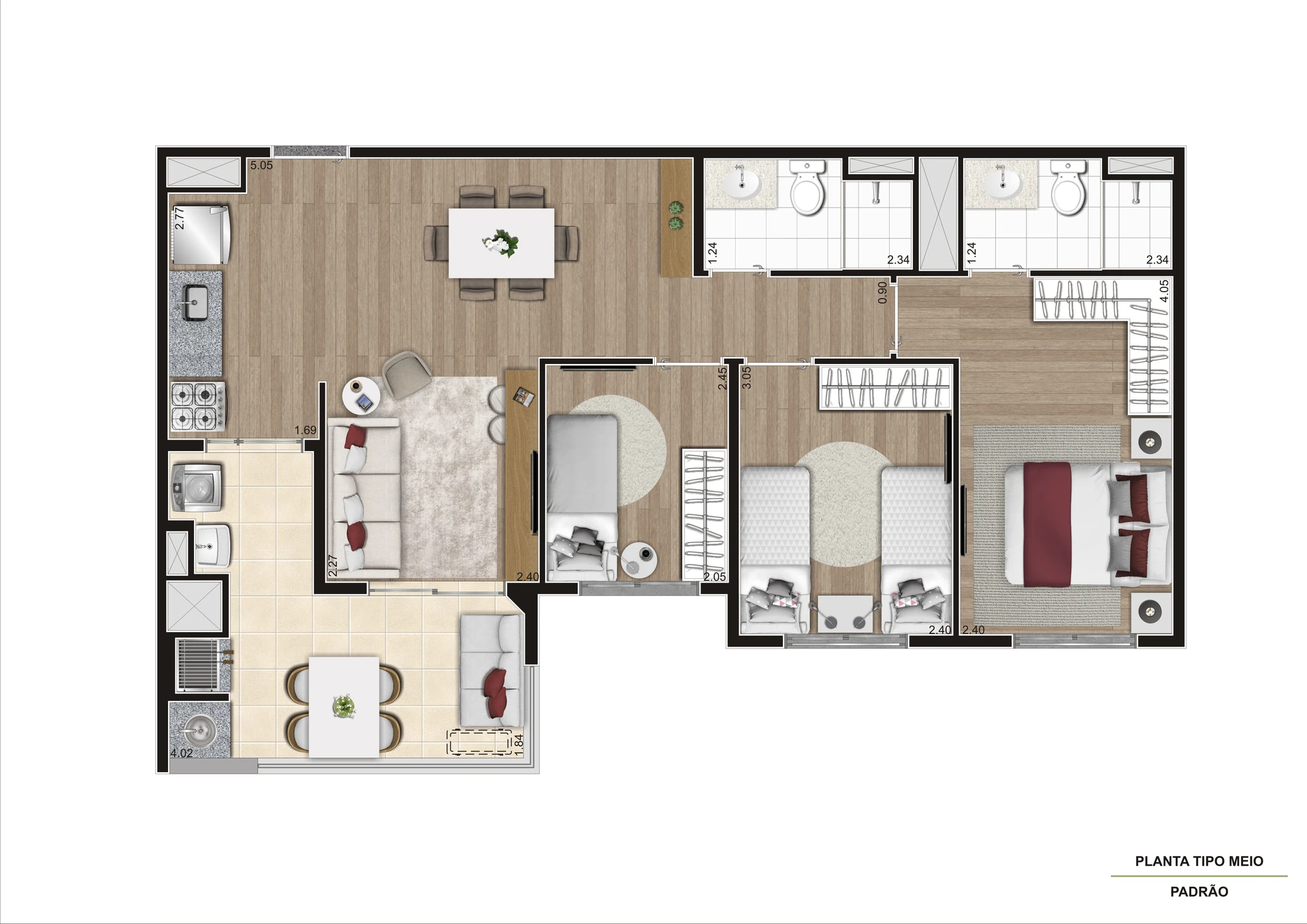 Planta Meio Final 03 Torre A 69,39 m²