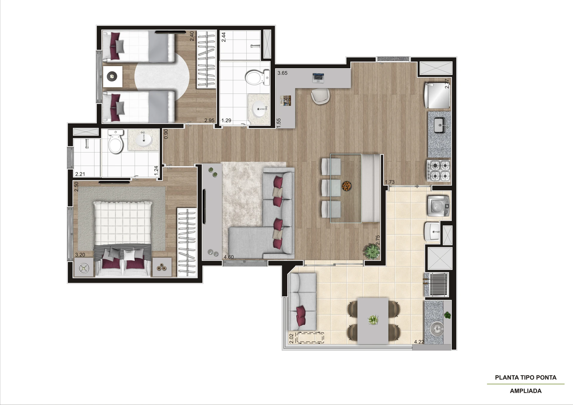 Planta Ponta Ampliada   Final 01 E 12 Torre A e Final 01 E 06 Torre B 67,08 m²