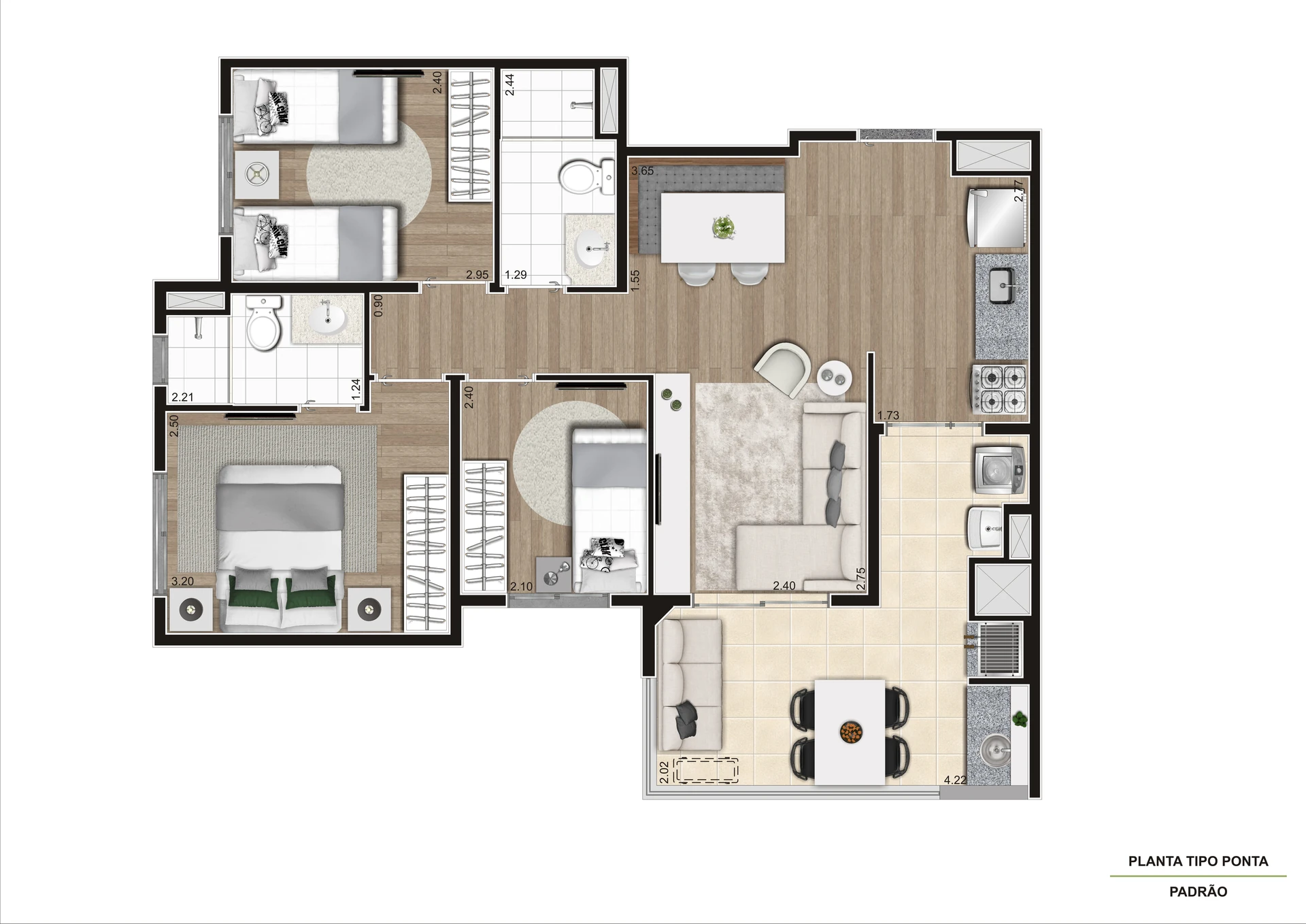 Planta Ponta Final 01 E 12 Torre A E Final 01 E 06 Torre B   67,08 m²