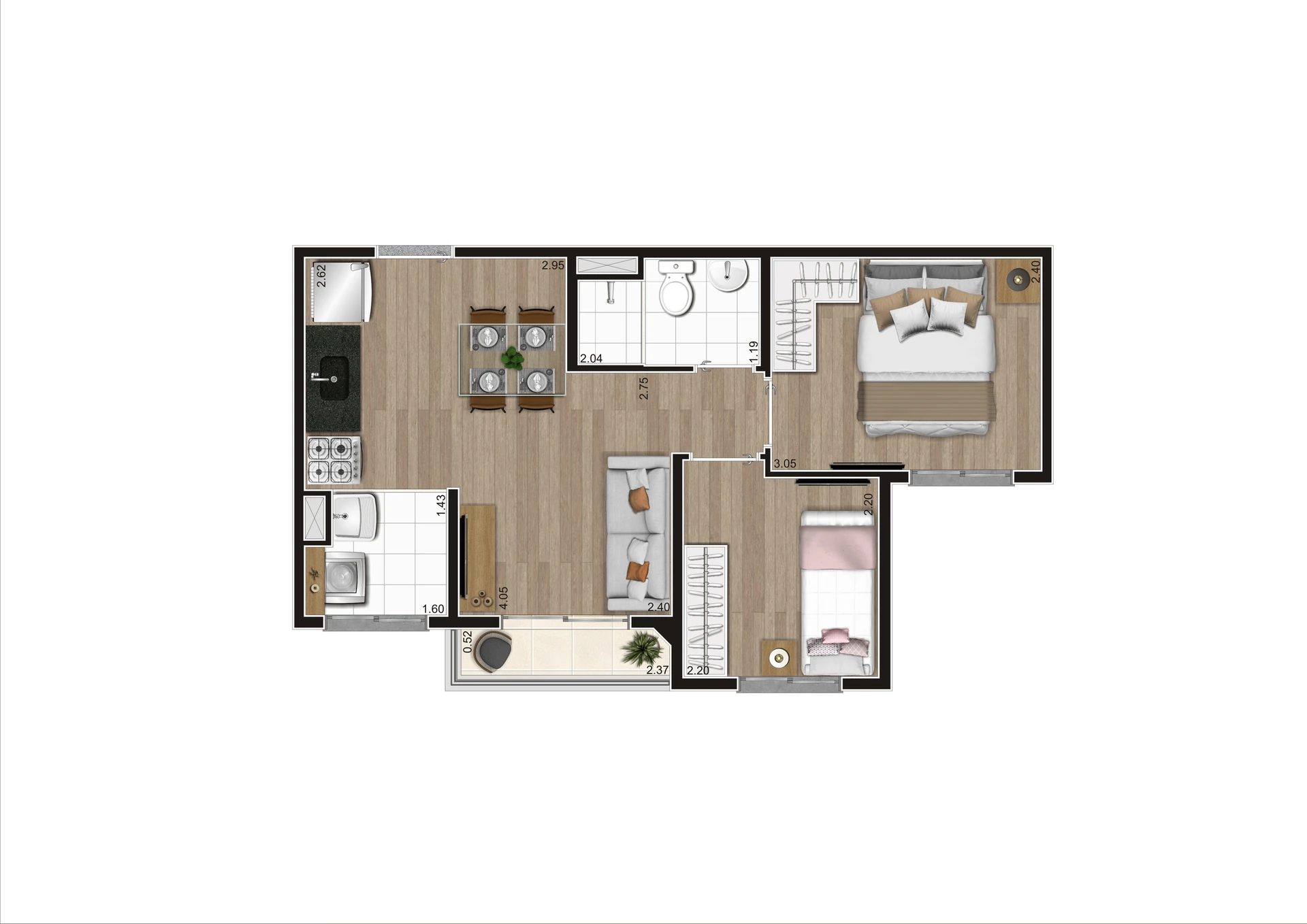 Planta Tipo B Meio 37,27 m²