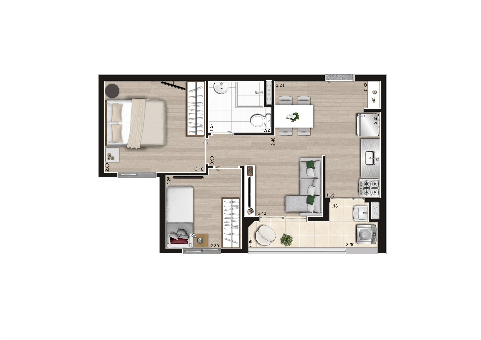 Planta Tipo B Meio 43,44m² Final 6 Torre A R03 HR