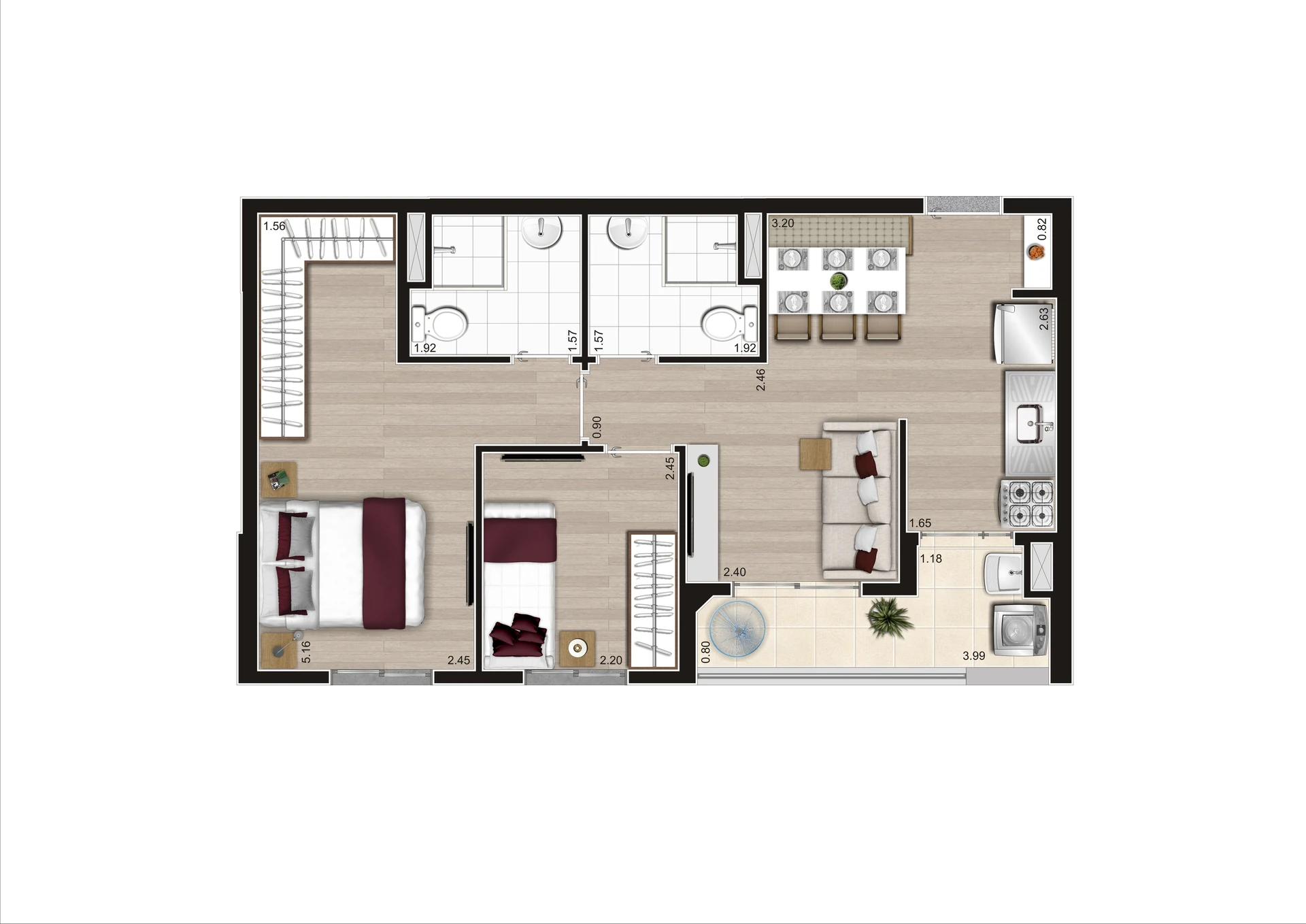 Planta Tipo C Meio 50,73m² Final 8 Torre A R03 HR