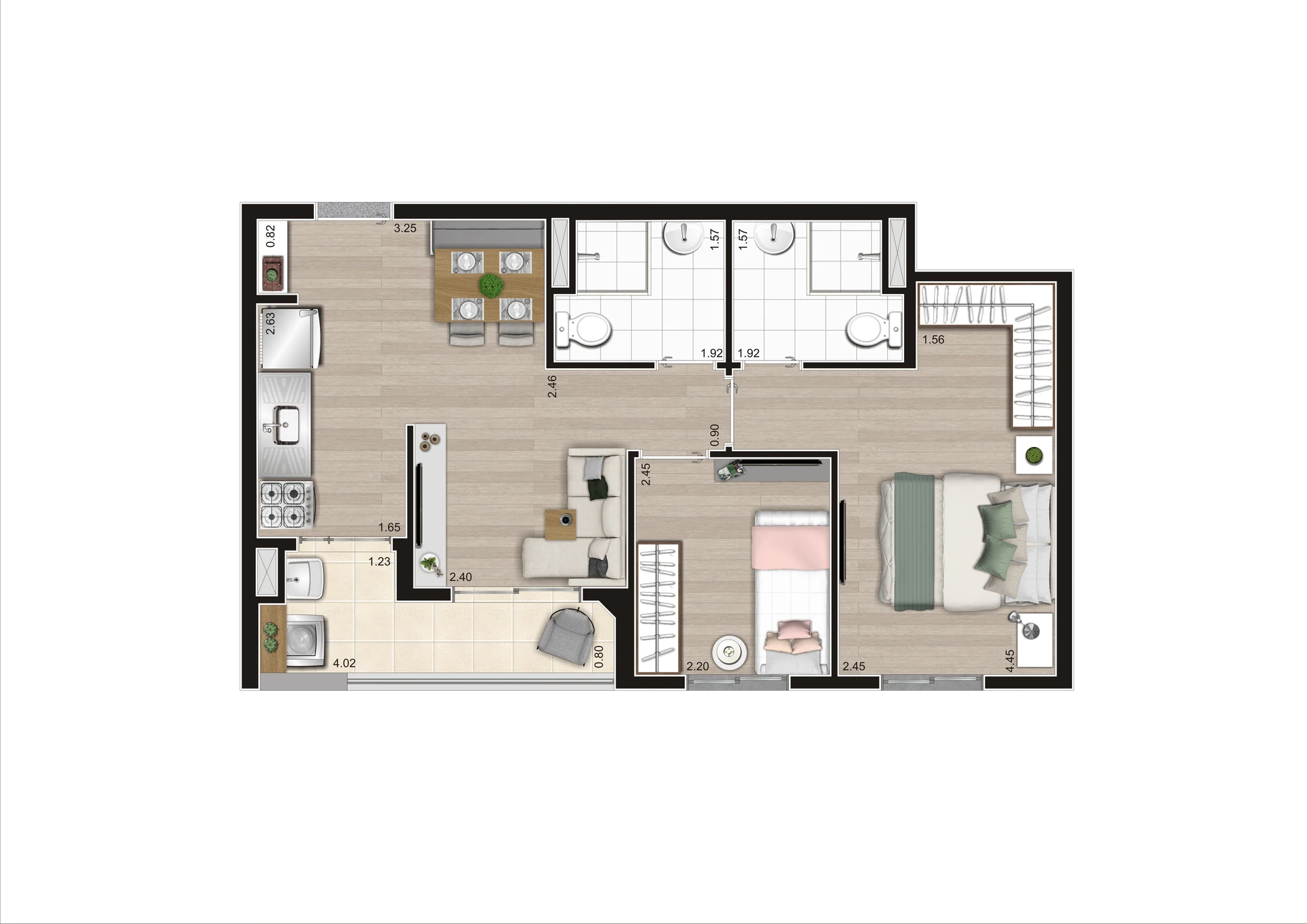 Planta Tipo F Ponta 49,45m² Final 7 Torre B R03 HR