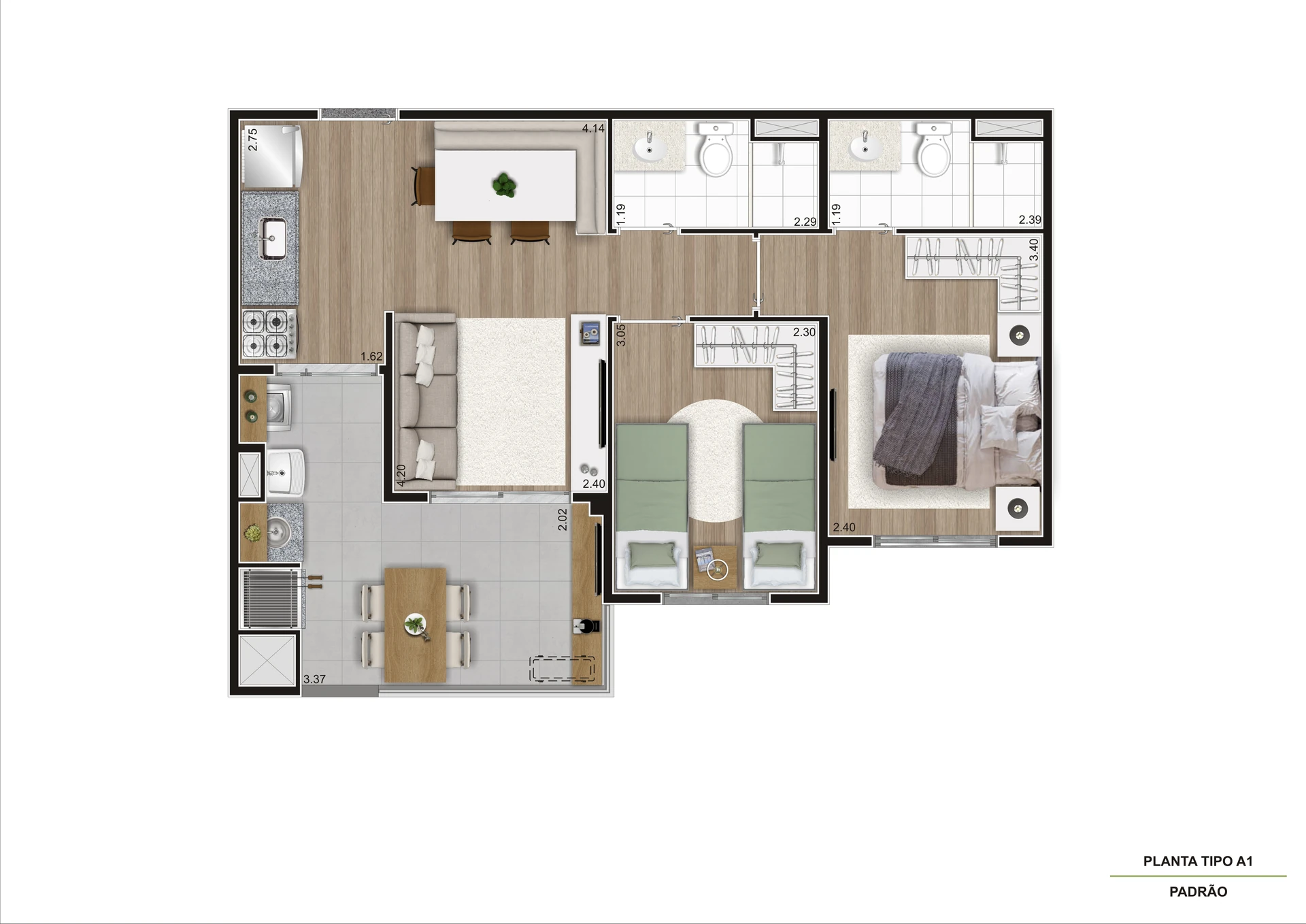 Planta Tipo Meio   54,43 M²