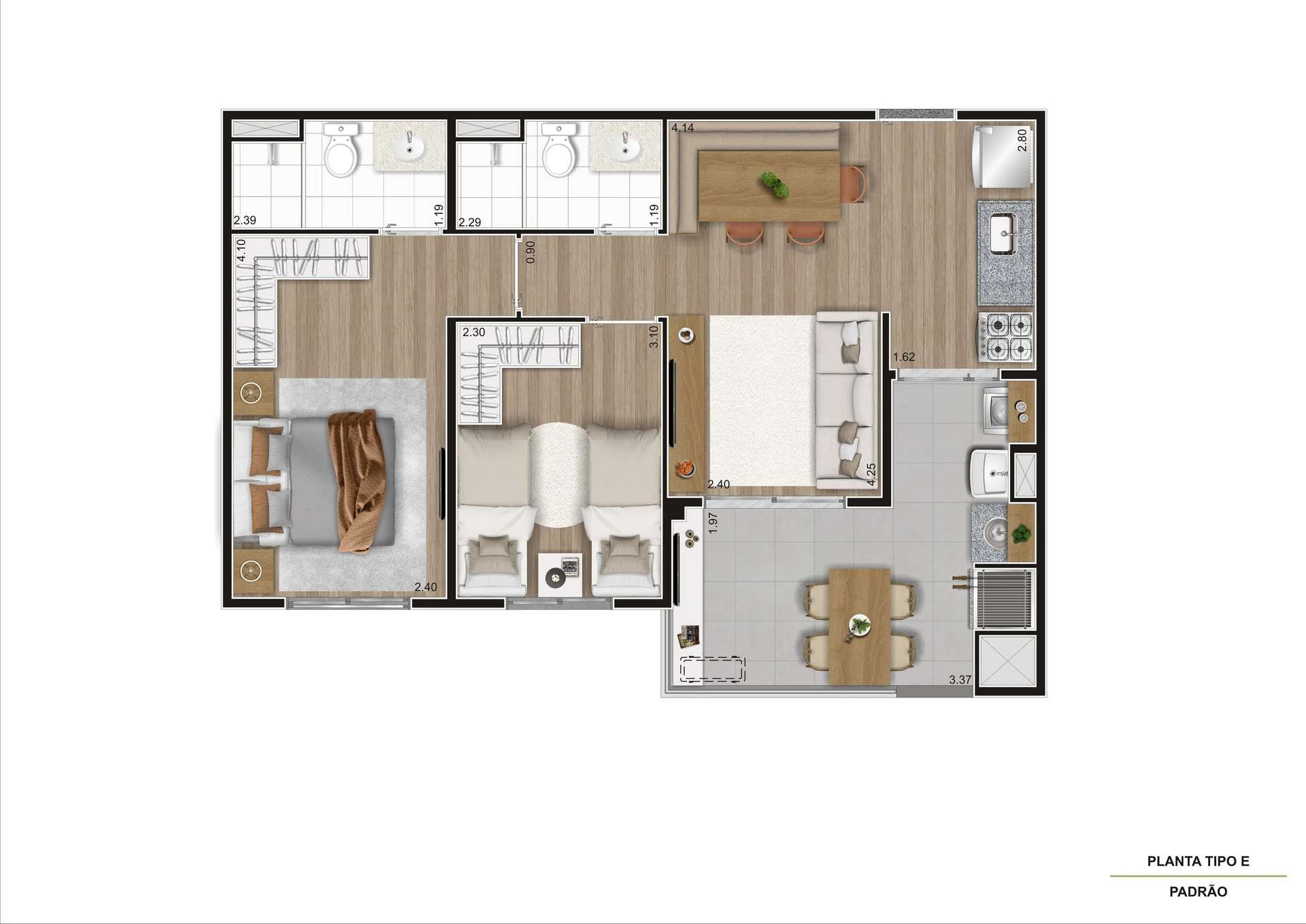 Planta Tipo Ponta   56,74 m²