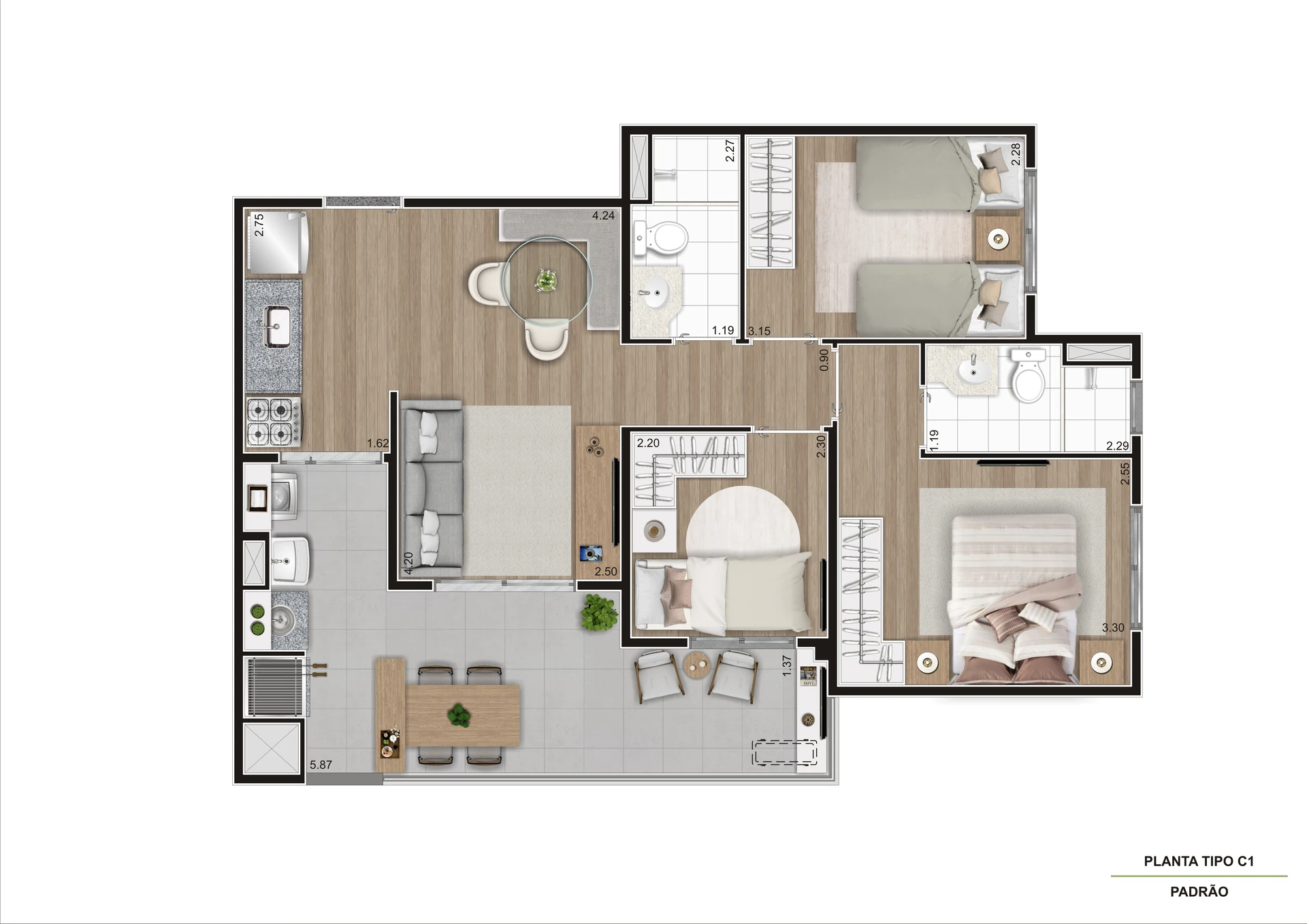 Planta Tipo Ponta   66,39 m²