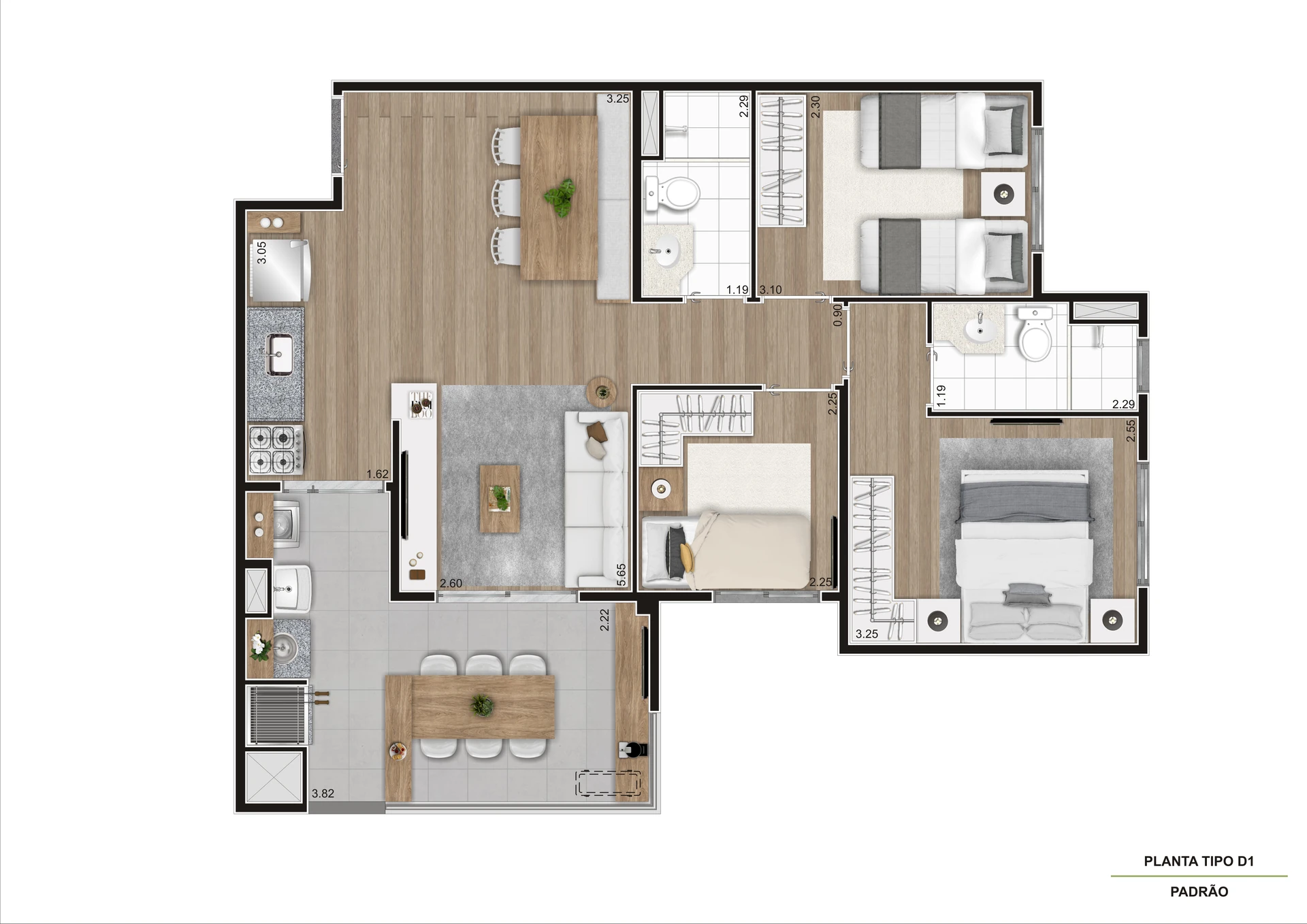 Planta Tipo Ponta   69,55 m²