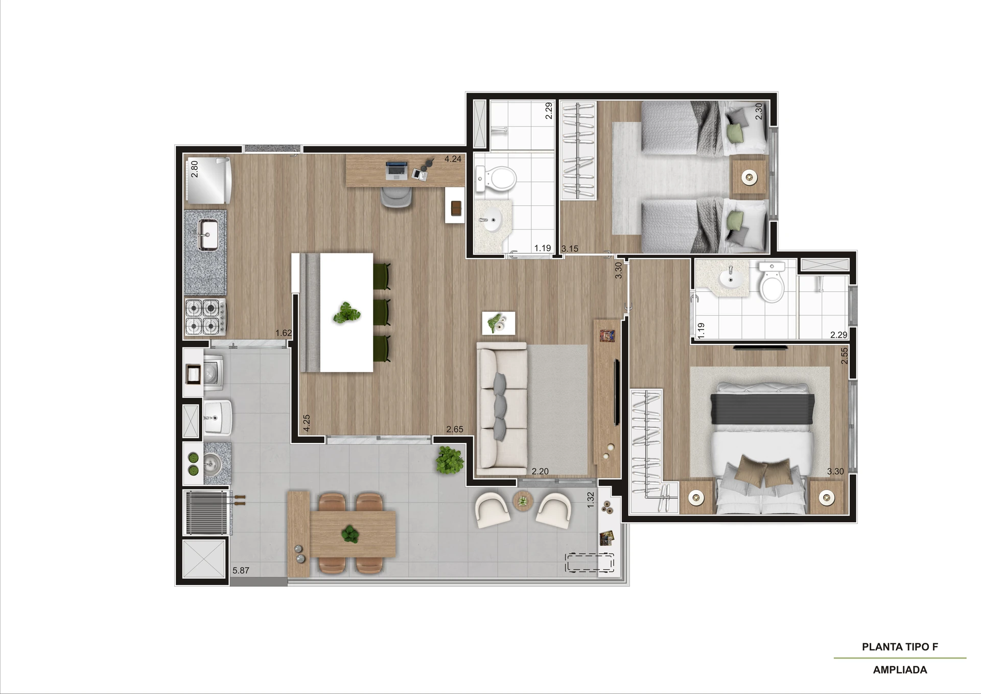 Planta Tipo Ponta Ampliada   66,31 m²