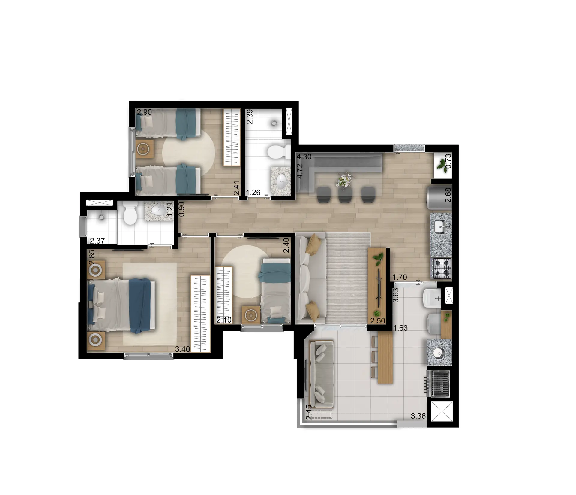 Planta Tipo A Ponta 69M²