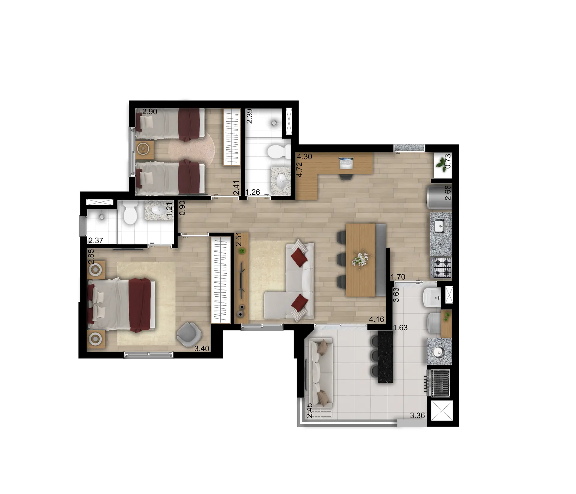 Planta Tipo A Ponta Ampliada 69M²