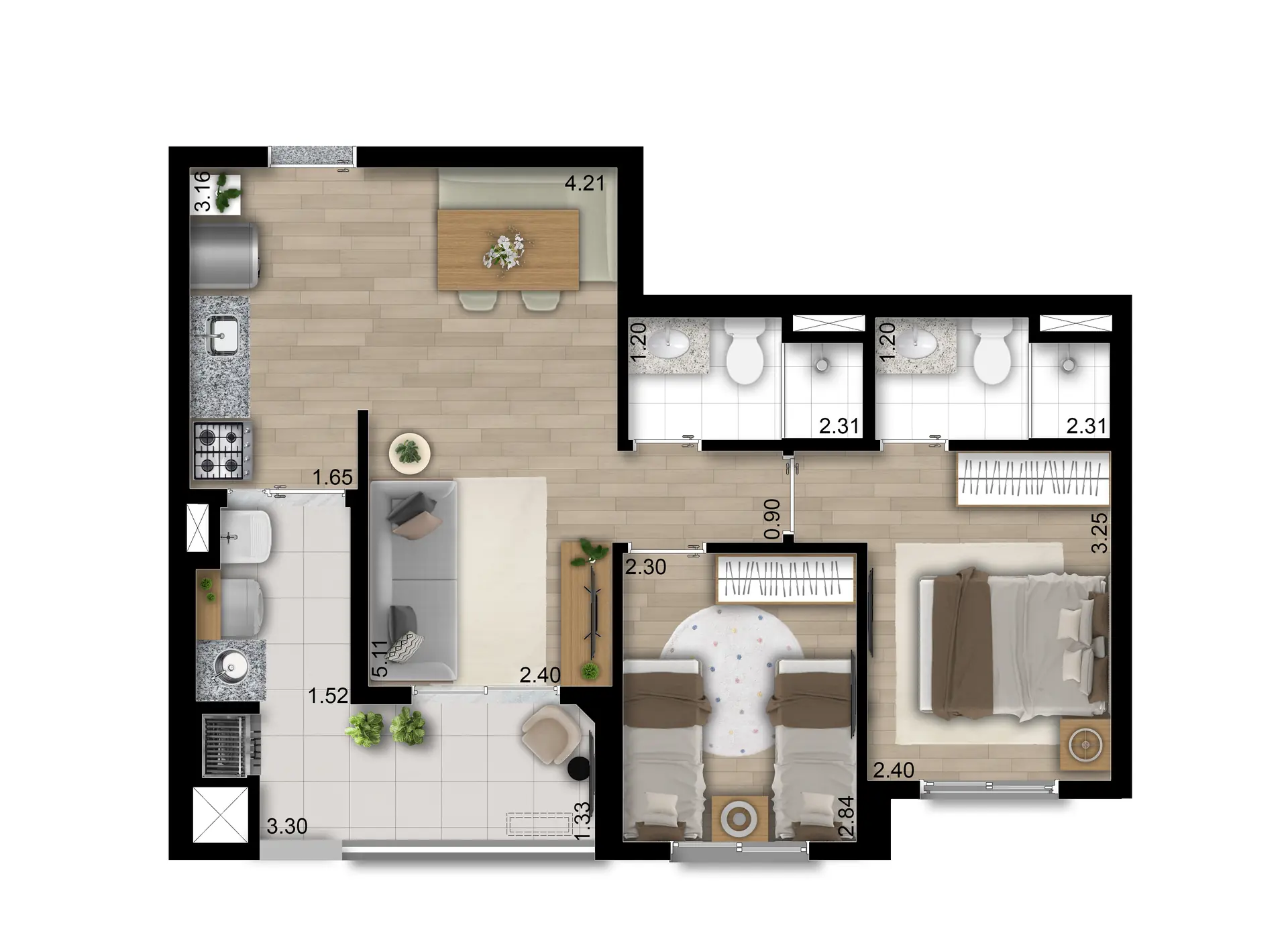 Planta Tipo B Meio 56M²